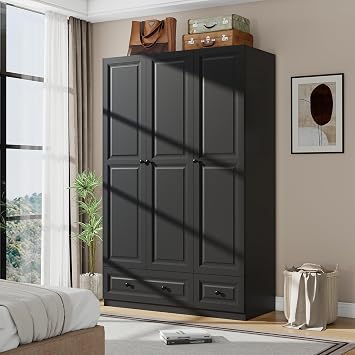 Armoire Wardrobe Closet with Drawers 74" Black Tall Wooden Wardrobe Closet for Hanging Clothes, Large Bedroom Armoires with 2 Drawers, 3 Door Armoire Storage Cabinet Black, 47"