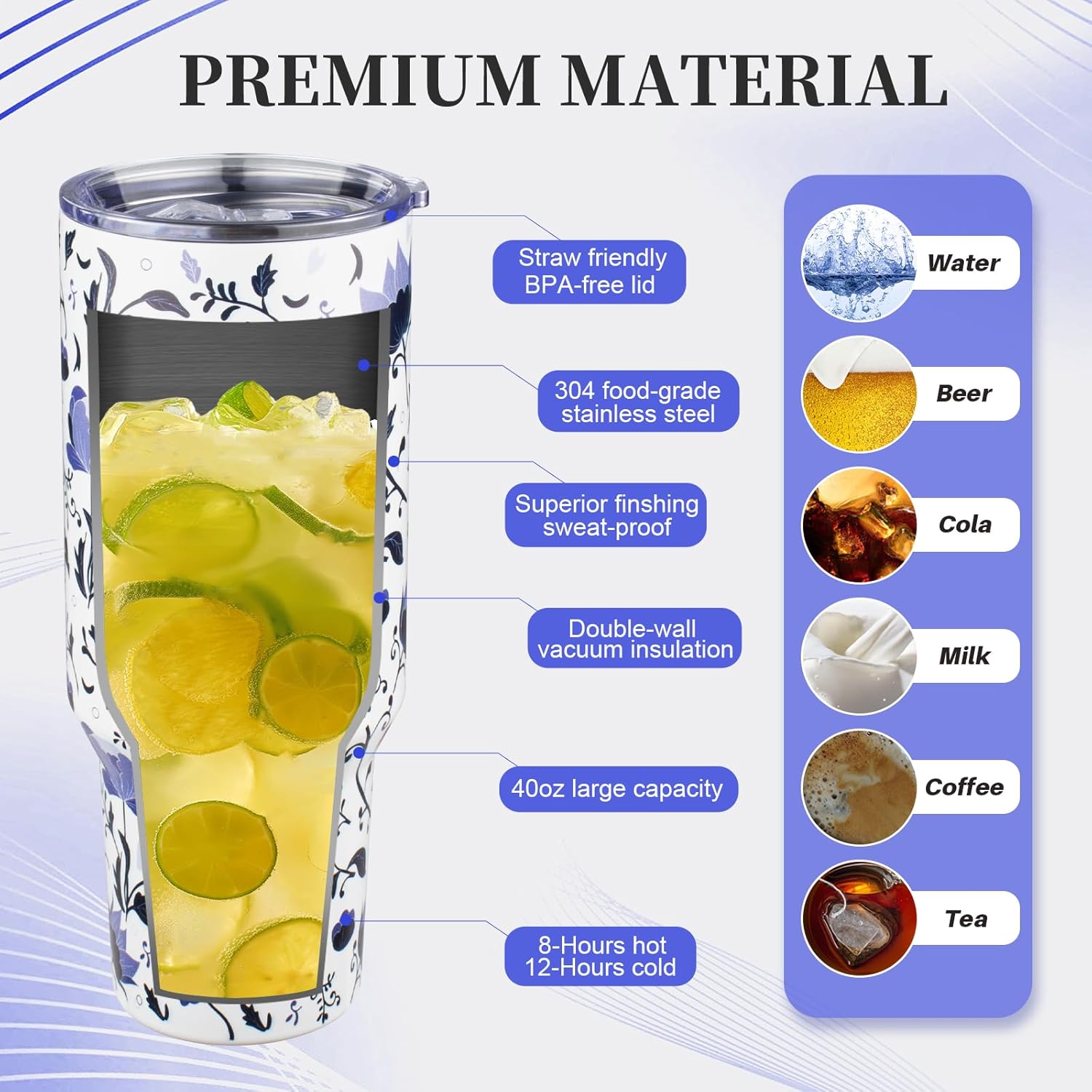 40 oz Tumbler with Lids and Straws Double Wall Insulated Tumbler Cup,Stainless Steel Vacuum Tumbler Powder Coated Travel coffee Mug for Cold and Hot Drinks,Blue and White Porcelain - Image 4