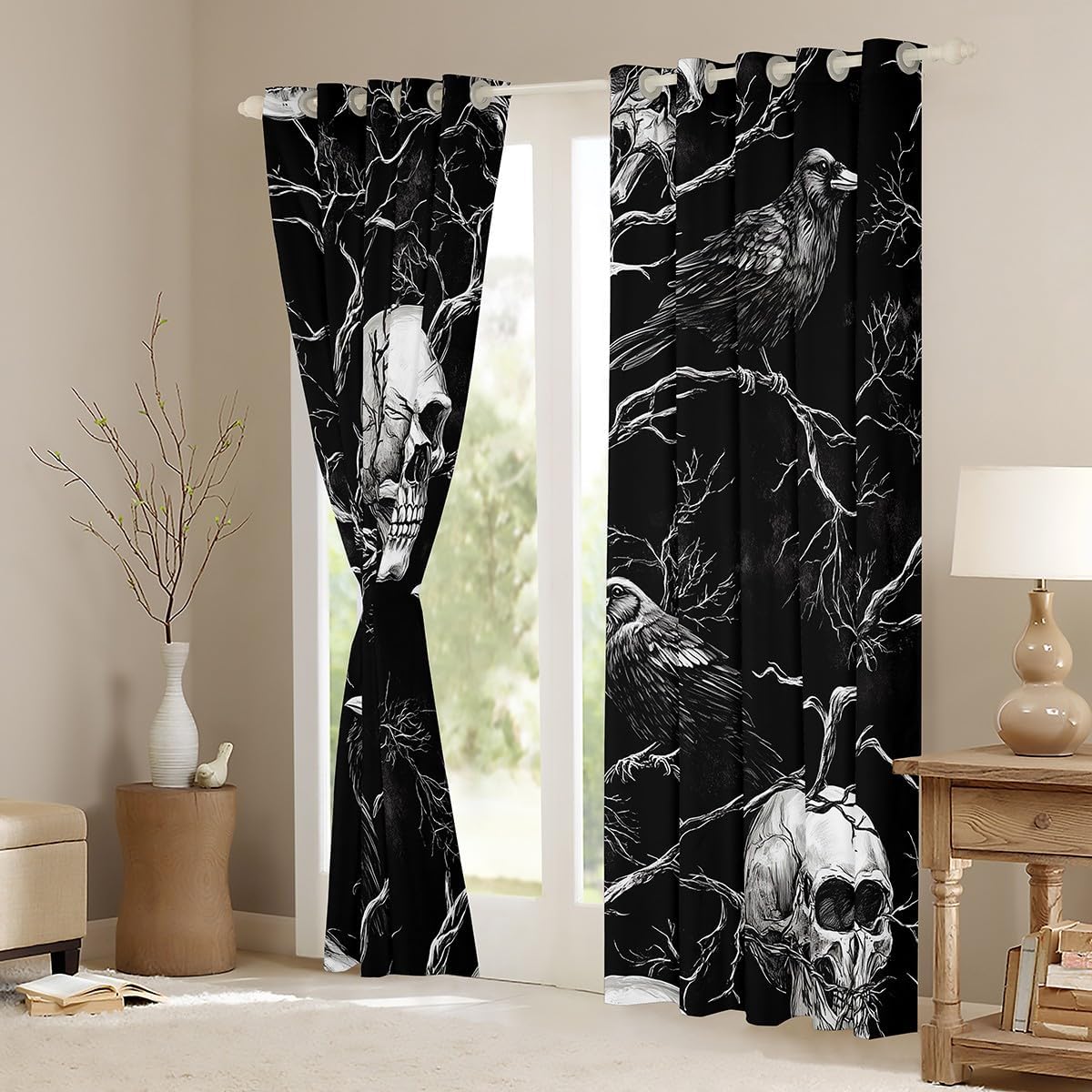 Manfei Gothic Skull Curtains,Kids Adults Teens Room Decor Black Crow Exotic Birds Boys Girls Window Treatment Curtain,Vintage Jungle Branch Window Drapes,Top 2 Panel,42Wx90L