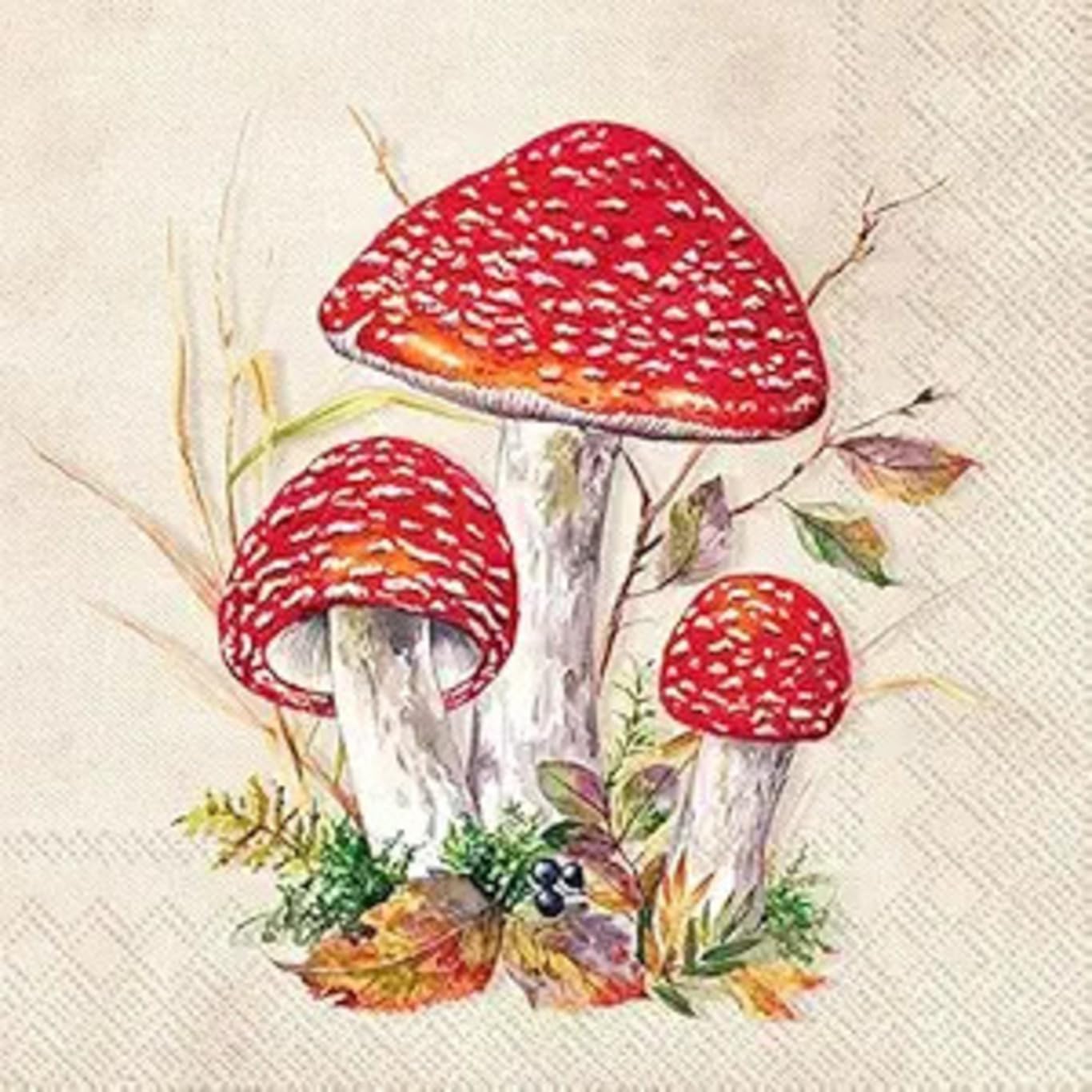 Set of 2 Individual Decoupage Paper Party Napkin Mushrooms Mushroom Amanita Fly Agaric Watercolor Decor Luncheon Napkins for a Birthday Holiday, Wedding, Cocktail Party