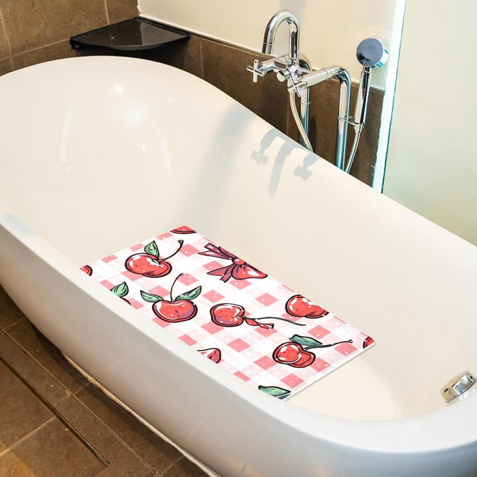 Rutschfeste Badematten für Badezimmer, Motiv: Kirschen und Schleifen, karierter Hintergrund, rechteckige Badewannenmatte, maschinenwaschbar, 40 x 70 cm