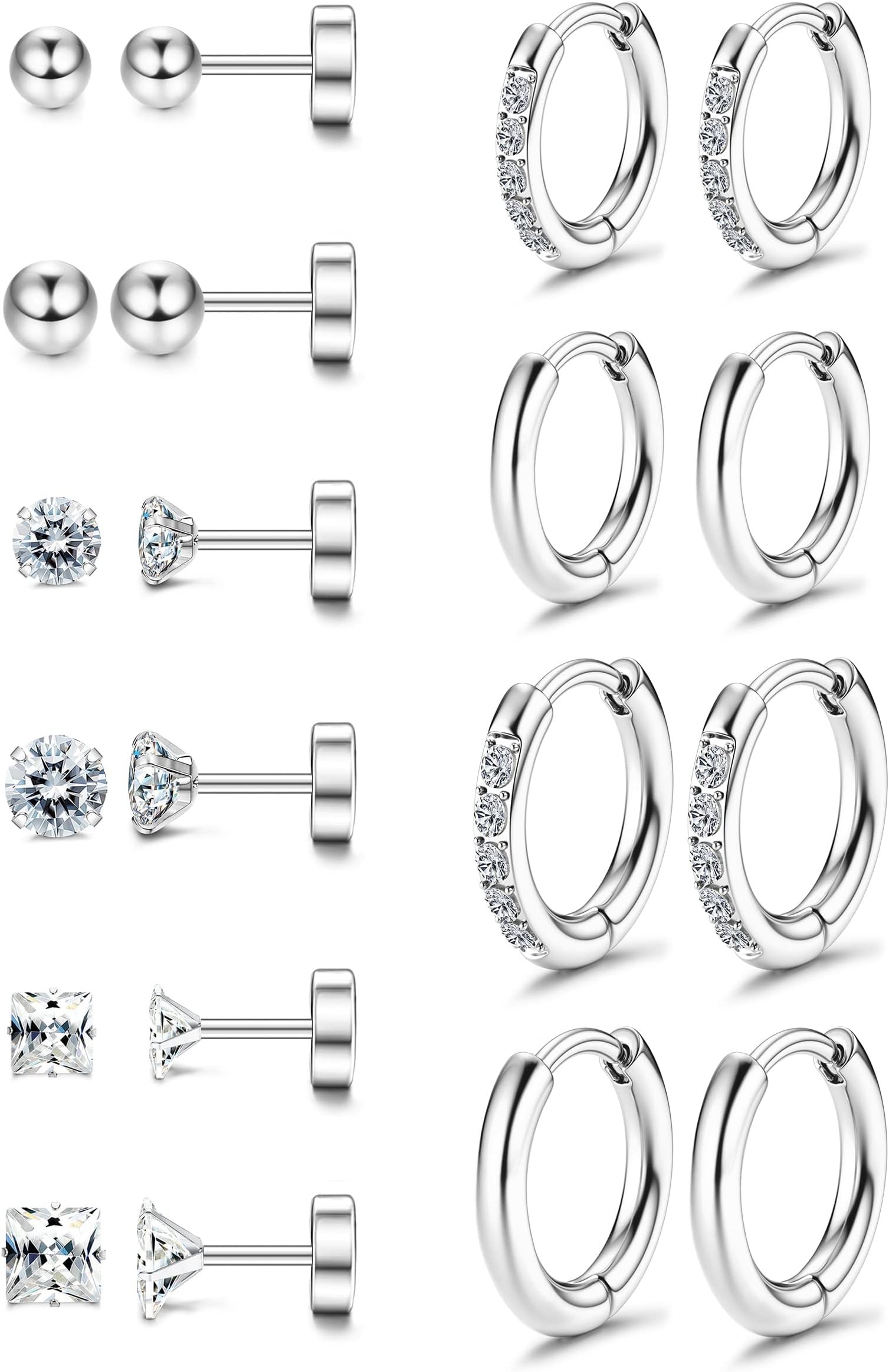 Morfetto10Pairs Tiny Cartilage Stud Earrings for Women Men Stainless Steel Cubic Zirconia Flatback Earrings Small Hoop Earrings Hoop Huggie Earring Sets for Multiple Piercings