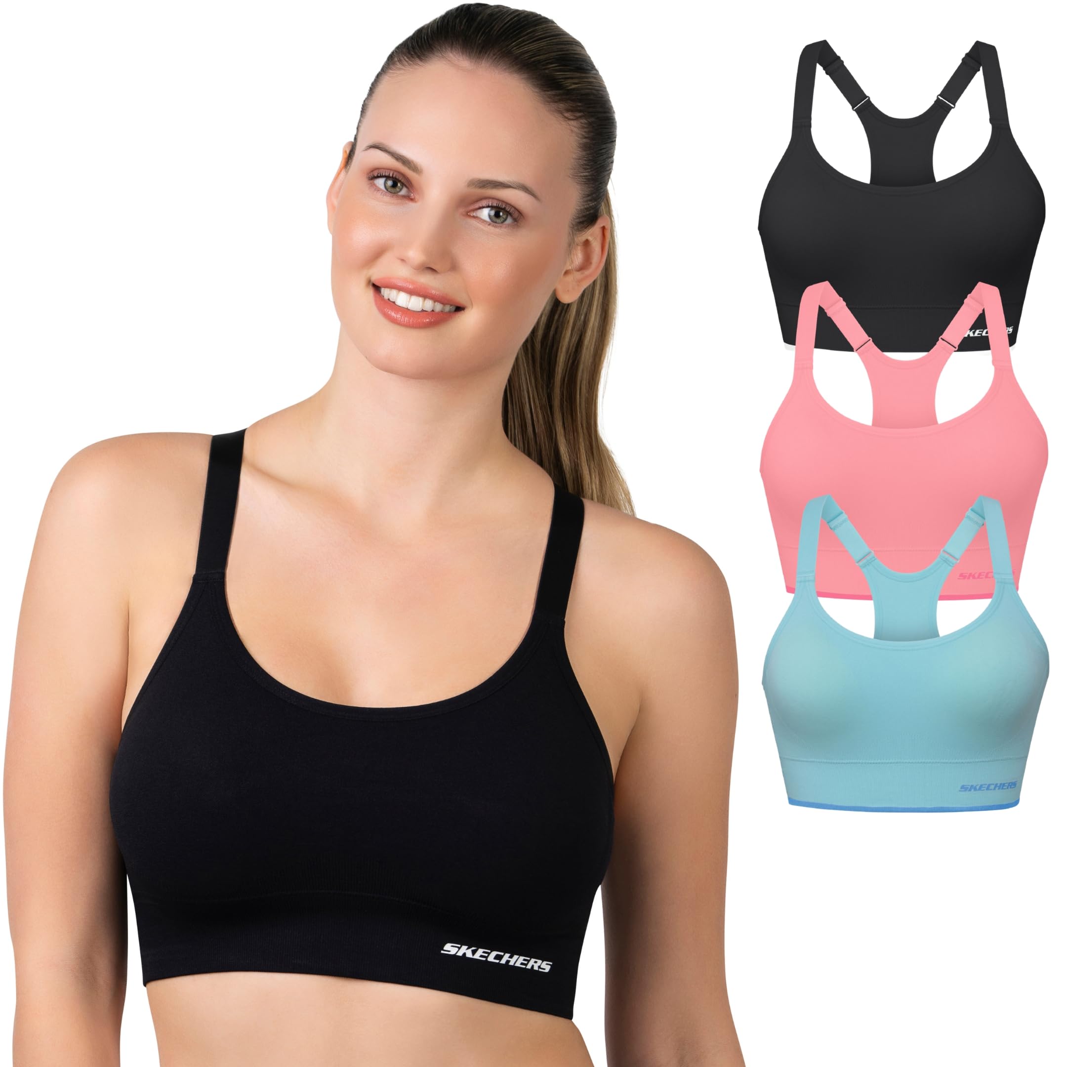 Skechers 3 Pack Womens Sports Bra Sost n Deportivo Racerback Keyhole Athletic Yoga Multipack