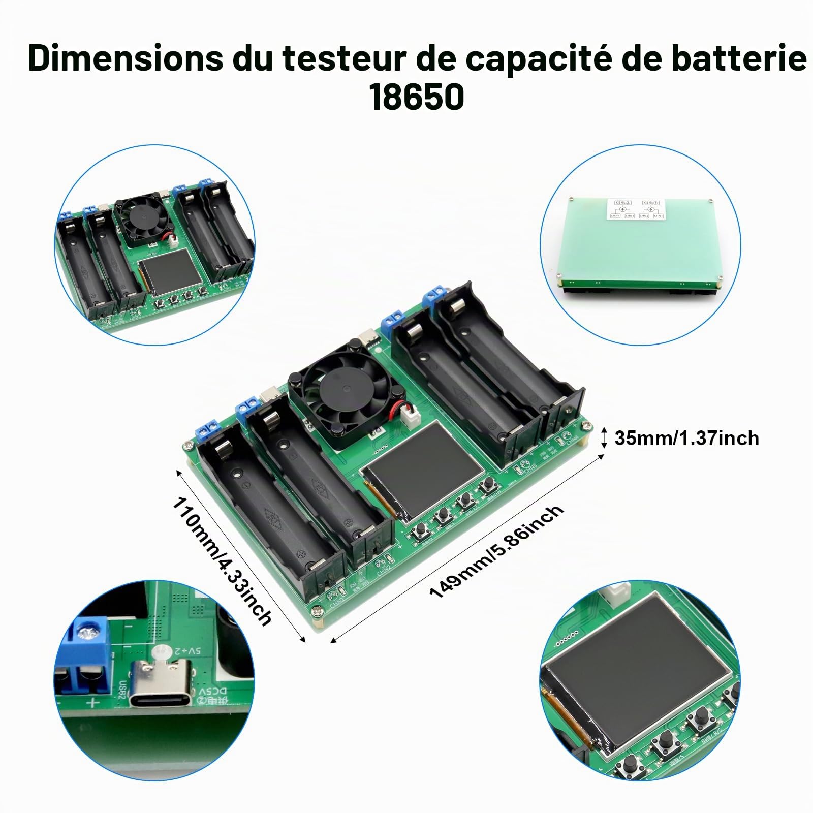 Testeur de capacité de batterie AYWHP Capacité et résistance de batterie 18650 avec écran LCD type C