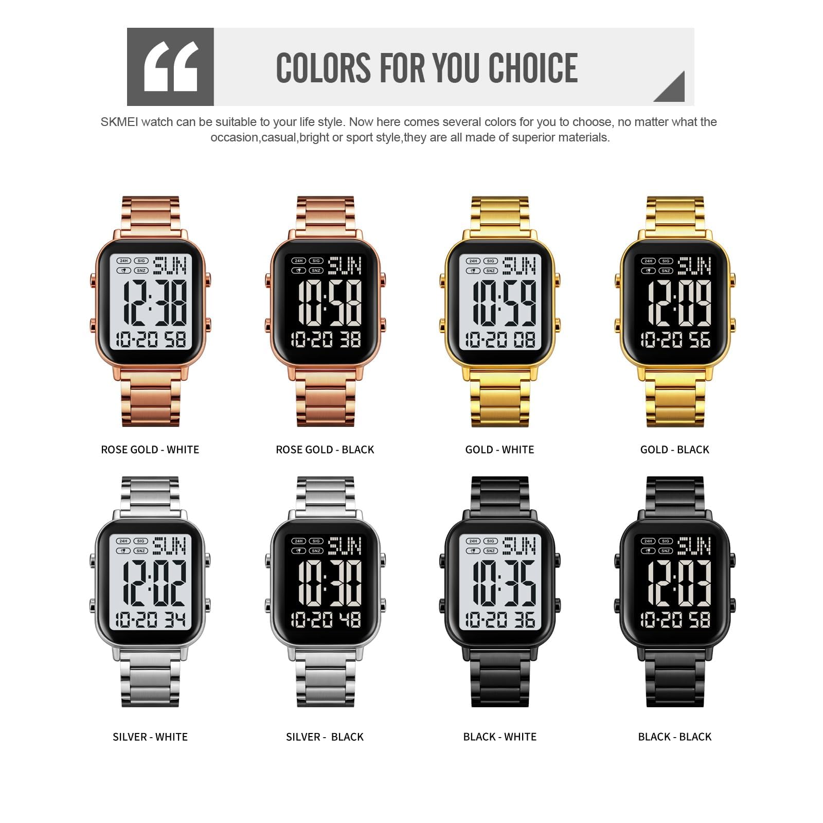 Gosasa Orologio digitale quadrato da uomo, con display con numeri grandi, multifunzione, cinturino in acciaio inox, impermeabile, elettronico, luminoso, orologio da polso