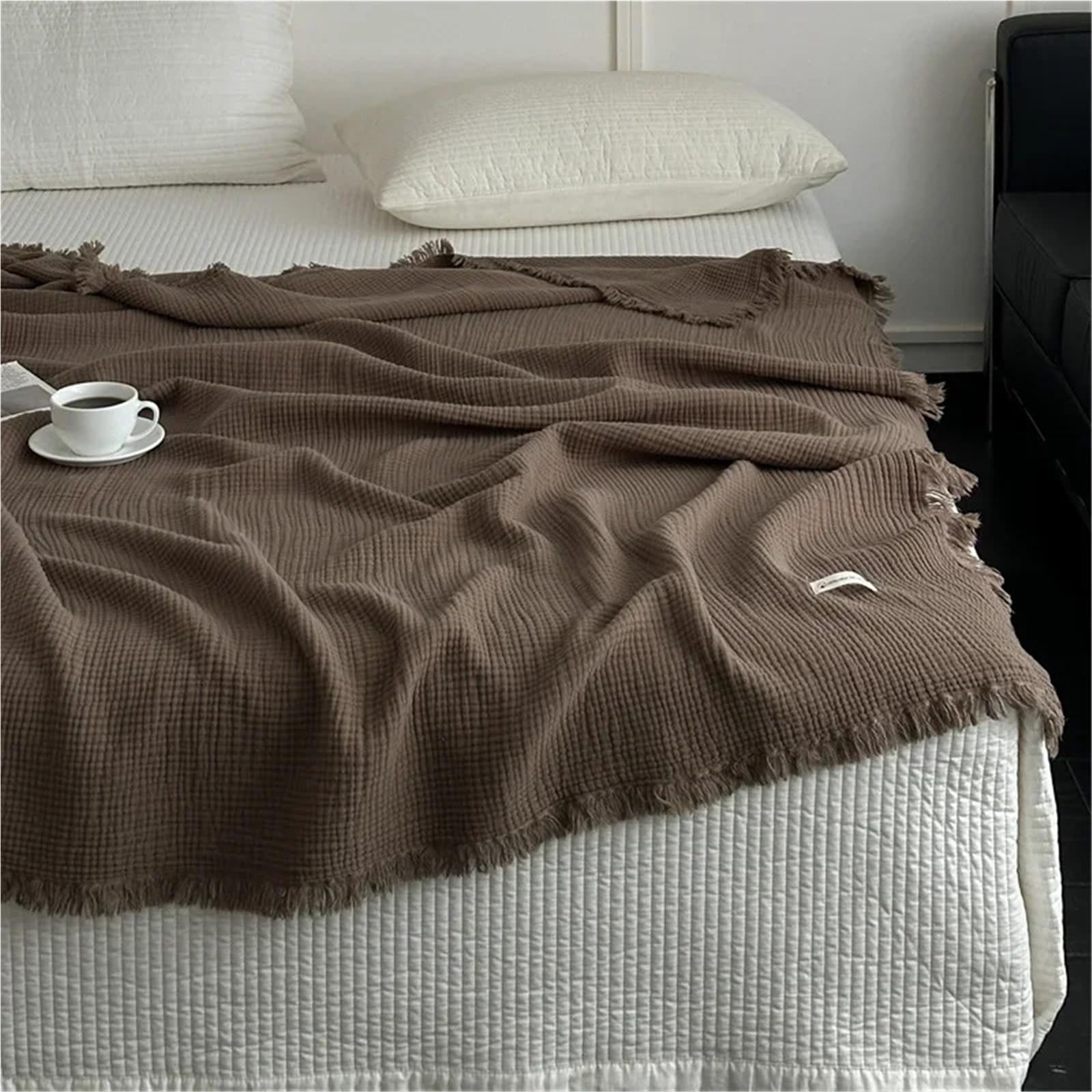 Coperta in cotone, for divano, asciugamano, nappe, biancheria da letto, tinta unita, scialle, plaid delicato sulla pelle, coperte for la casa(Brown,200x230cm)