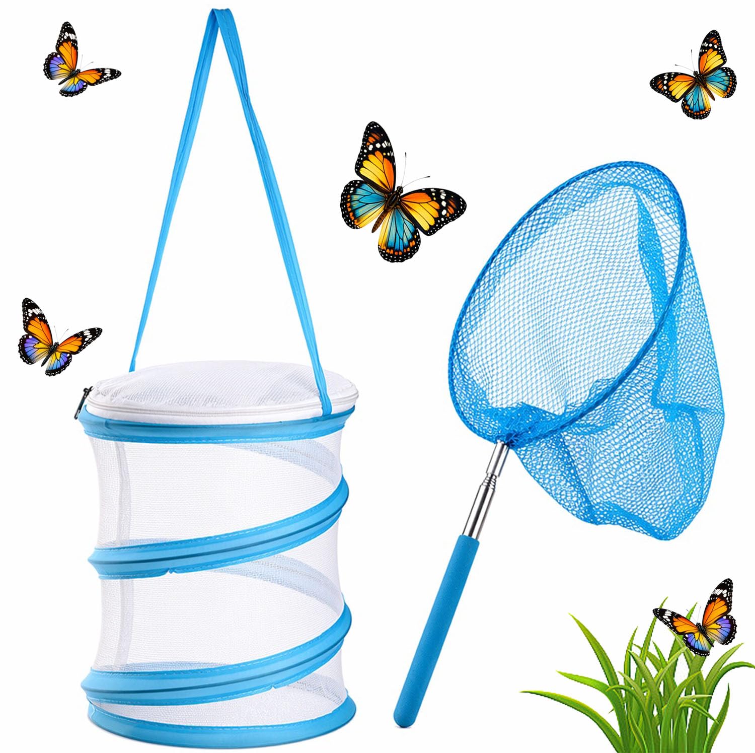 JRZYTX Bug Catcher Collapsible Butterfly Net Bug Butterfly Catcher Extendable, Mini Reproduction Nets for Insect Catching Outdoor Safari Nature Exploration (Blue)