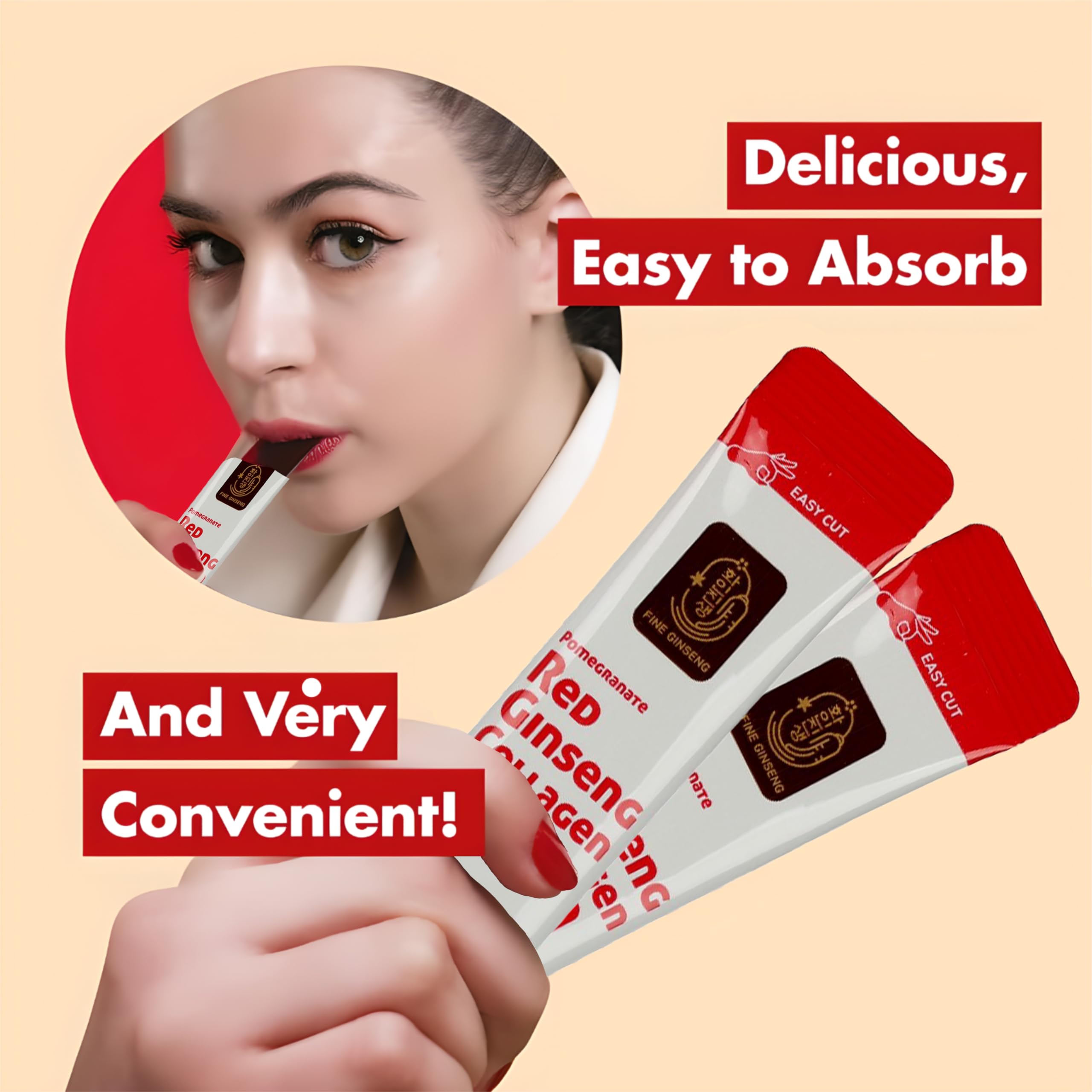 Food Factor Red Ginseng Collagen Jelly Pomegranate 15's - Korean Red Ginseng, French Marine Collagen 1000mg, Turkish Pomegranate & Beetroot Jelly Sticks for Skin, Hair, Nails & Vitality, 300g