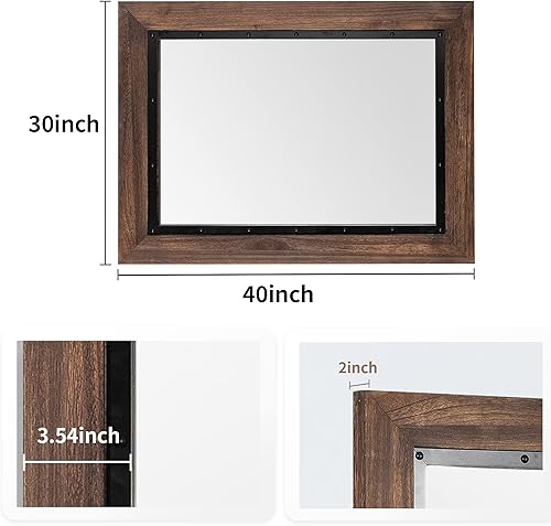 Miniatura 2 de YOSHOOT Espejo de pared con marco de madera rústica, 40 x 30 pulgadas, espejo de tocador de baño de madera natural y hierro para decoración de