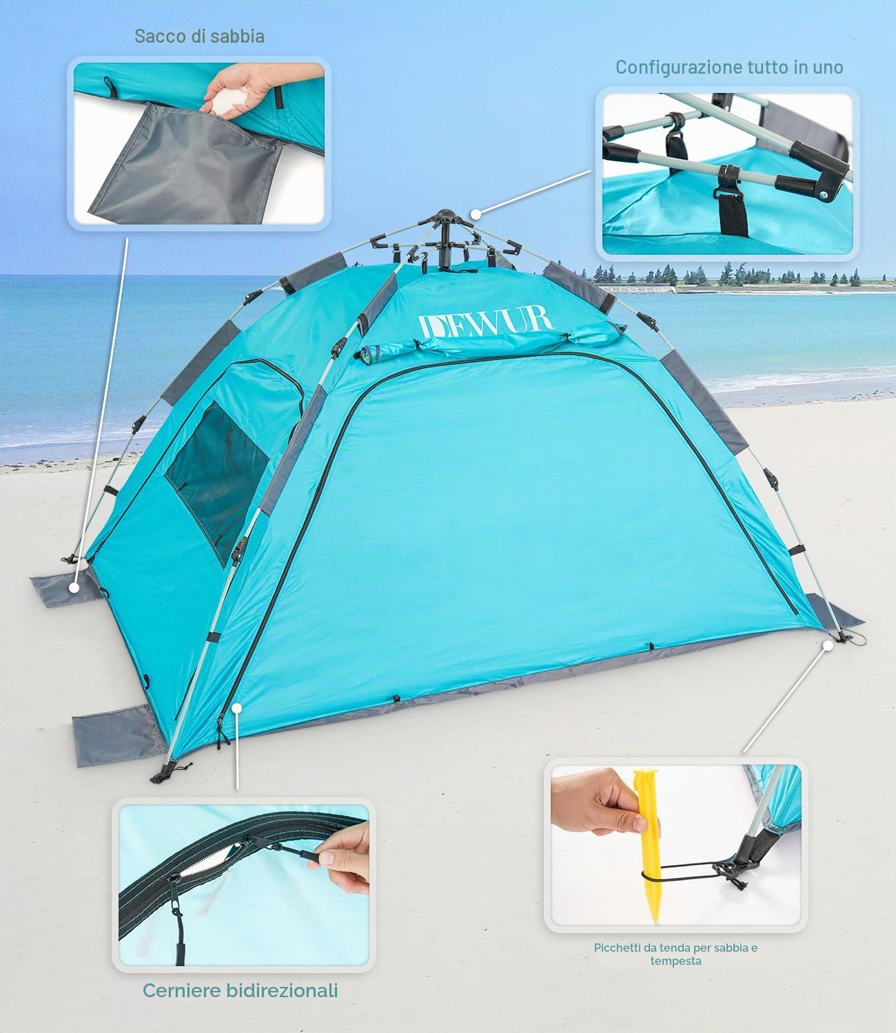 Dewur Tenda da spiaggia per 2-4 persone, pop-up con parasole UPF 50+, protezione solare UV, impermeabile, per famiglie, spiaggia, campeggio, giardino, blu