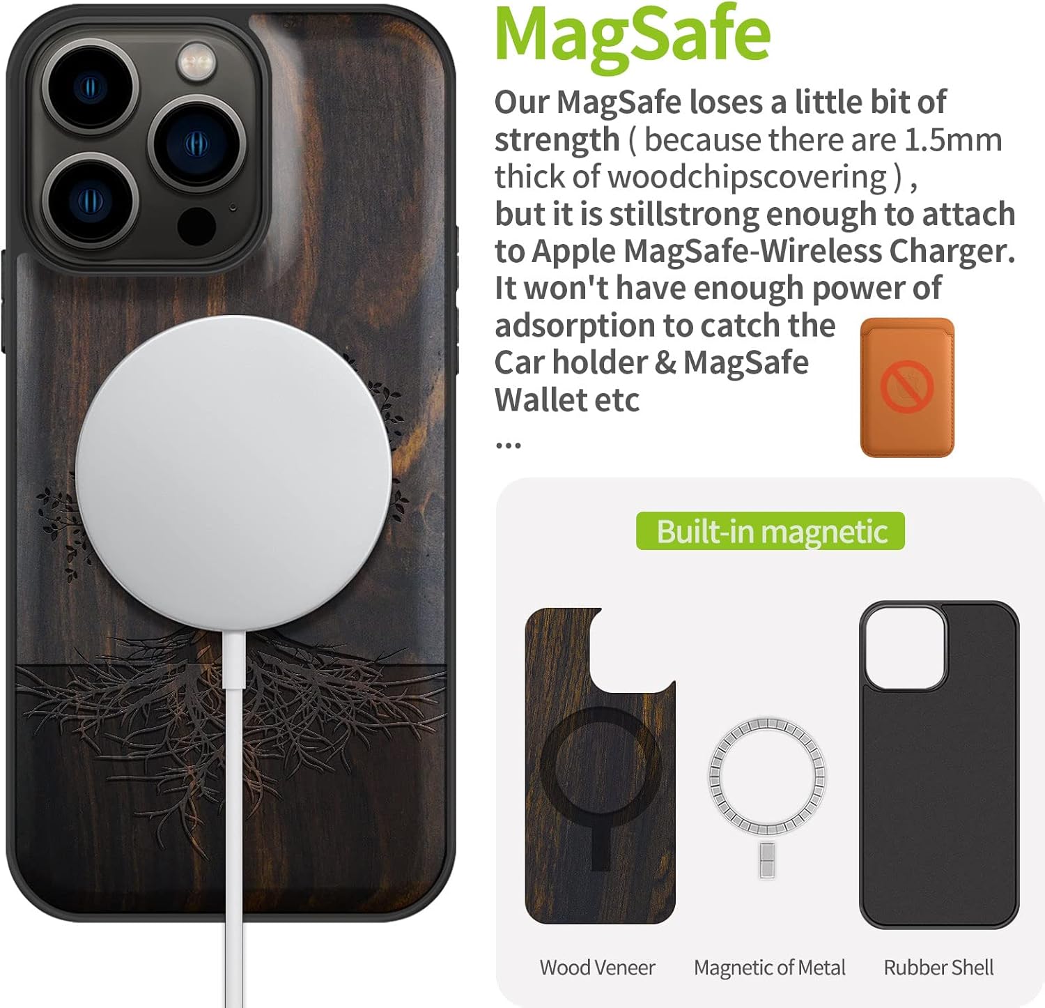 Carveit Magnetic Wood Case for iPhone 13 Pro - Hard Real Wood & Black Soft TPU - Shockproof Protective Cover - Unique & Classy Wooden Case - Compatible with MagSafe (Tree with Roots - Blackwood)