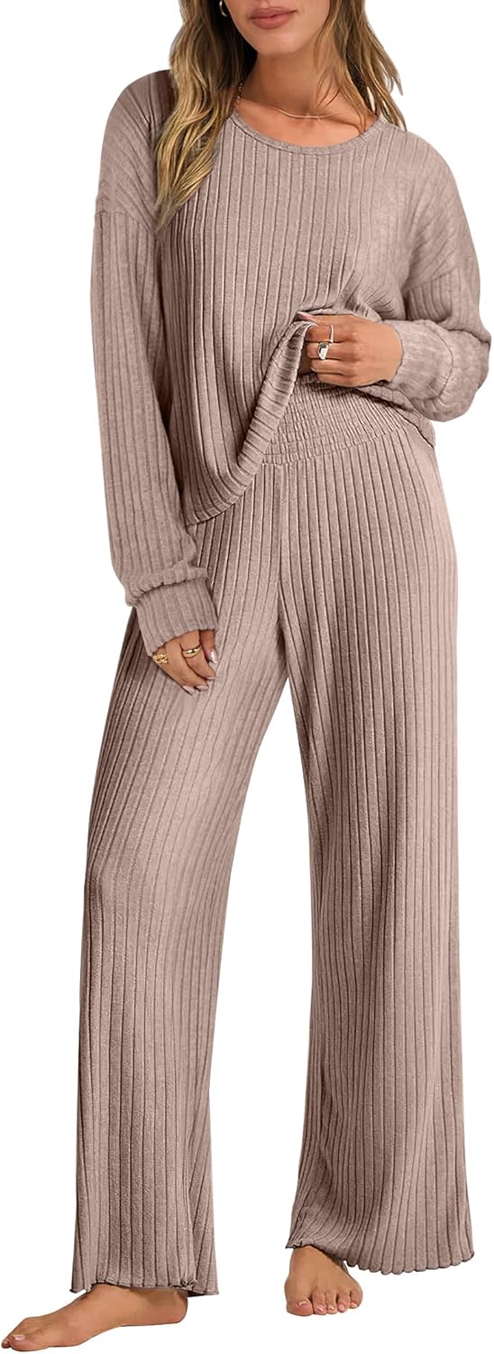 ANRABESS Women 2 Piece Lounge Pajamas Sets Casual Ribbed Knit Long Sleeve Top Pants Matching Set 2025 Fall Outfits Clothes