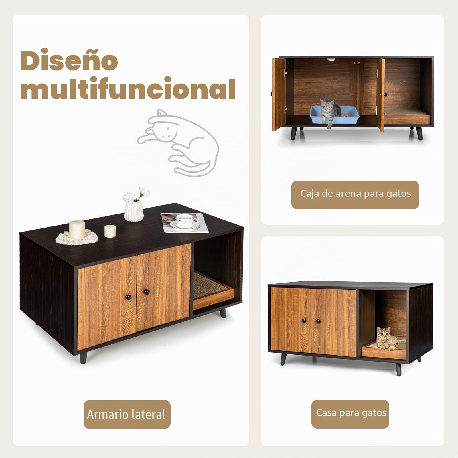 GOPLUS Armario para gatos 2 en 1 para arenero, casa de gatos de madera con puertas, patas de acero, caja rascador extraíble, resistente al agua y a los arañazos, cueva para gatos y mascotas, 90 x 50 x