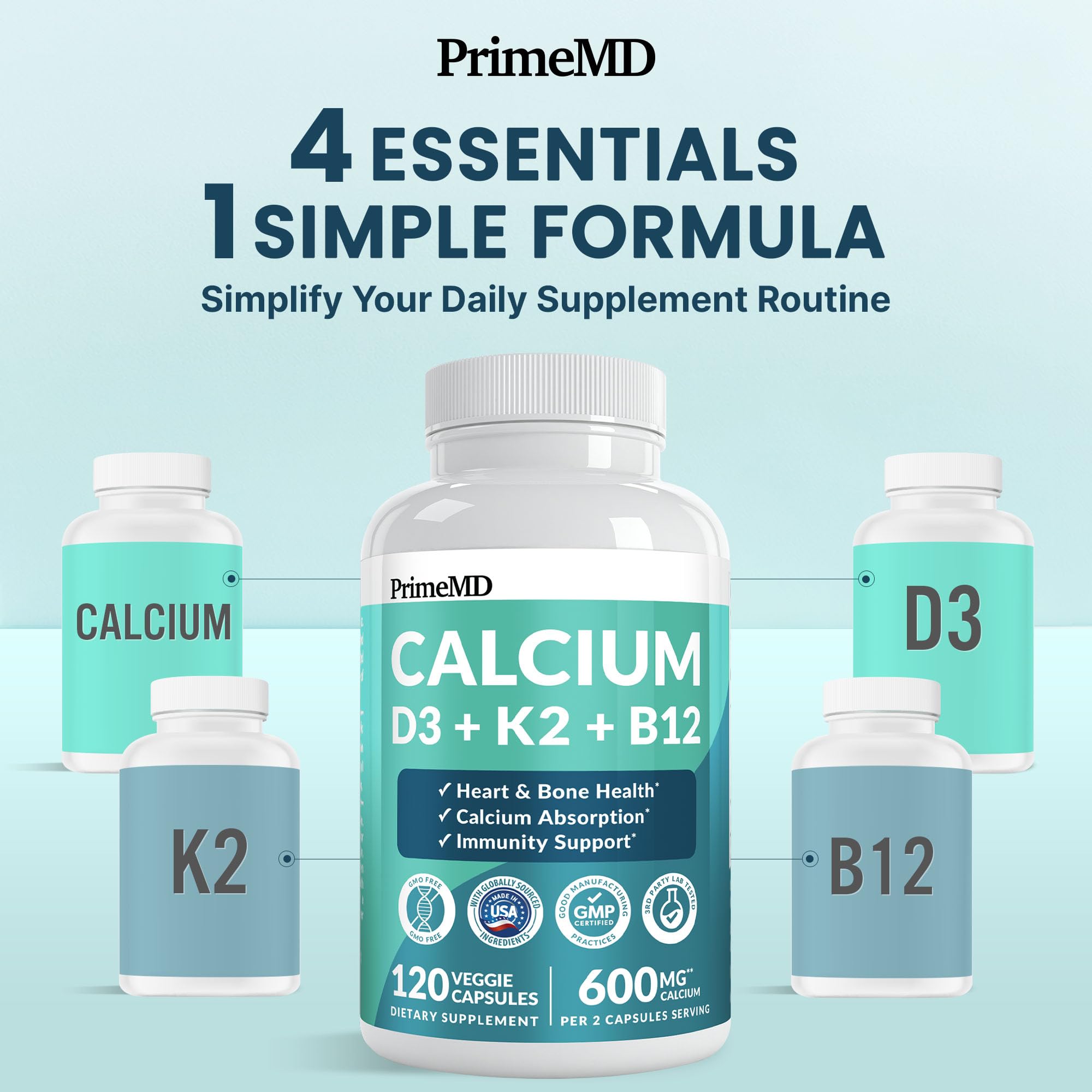 PrimeMD 4-in-1 Calcium 600mg, Vitamin D3 K2 5000IU, Vegan Non-GMO, 120ct — Amazon image 3