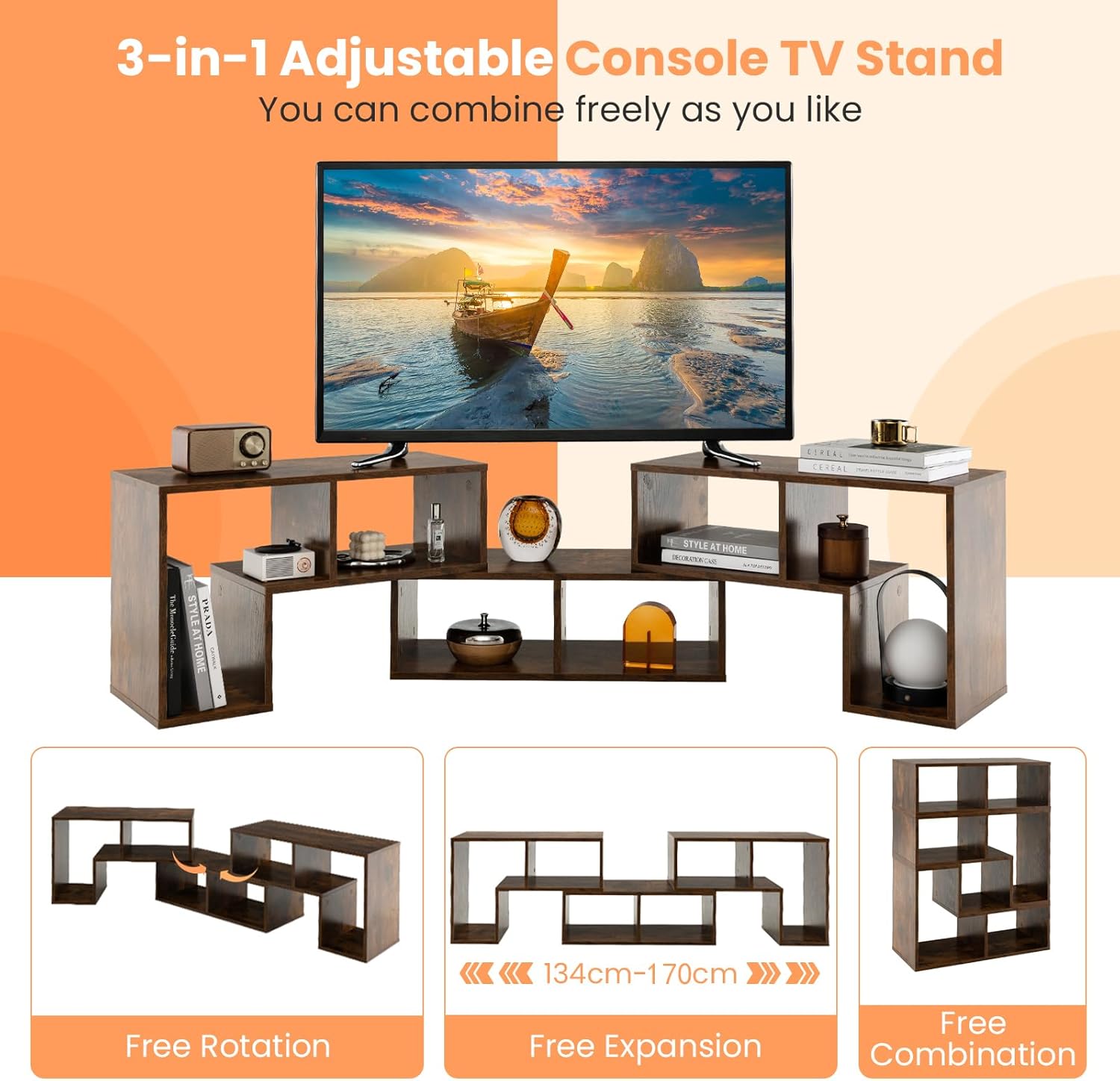 TV Stand for TVs up to 65”, Free Combination Media Entertainment Center 3PCS DIY Wooden TV Console Table, Modern TV Cabinet Home Office Storage Shelf Unit for Living Room Bedroom (Rustic Brown)