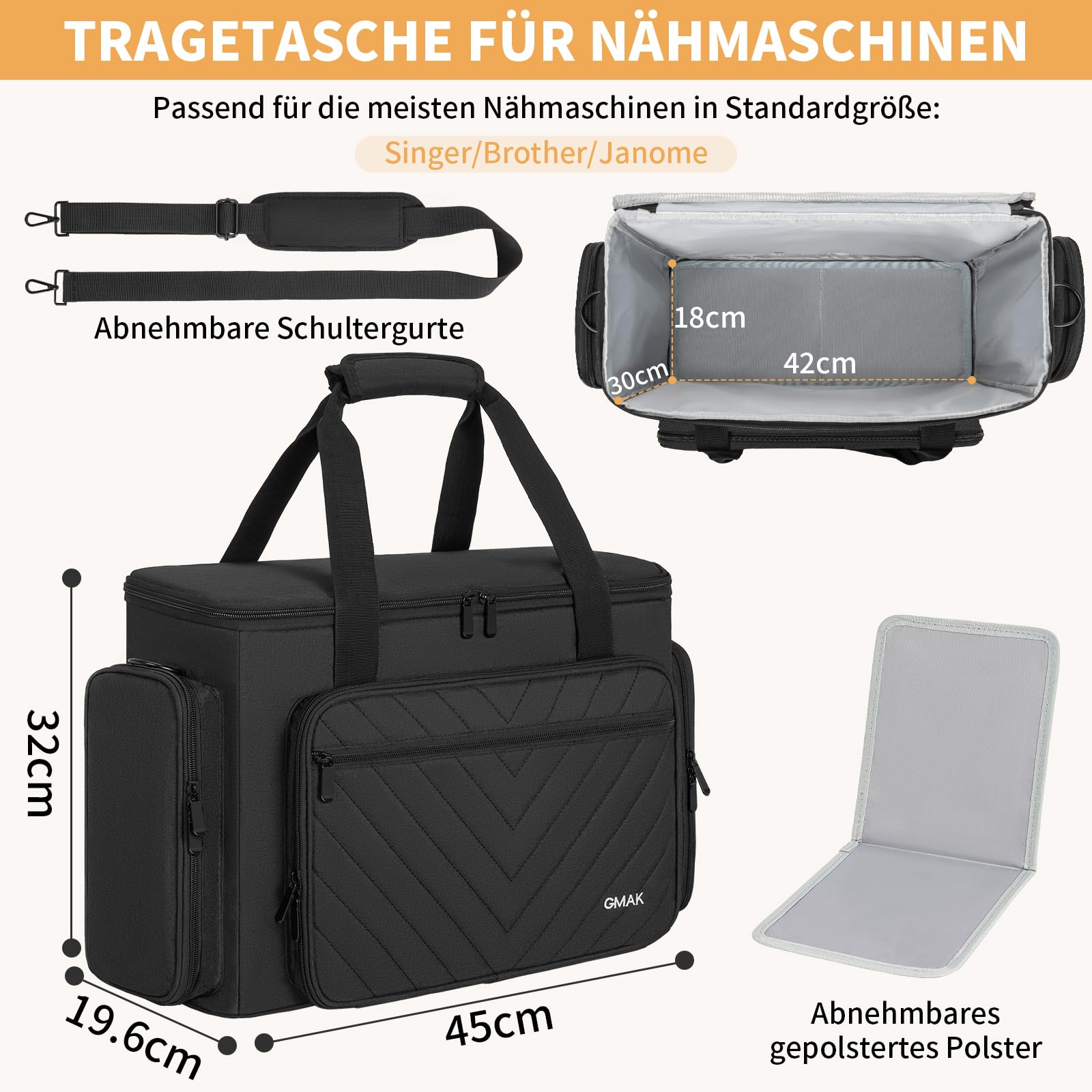 OUUTMEE Nähmaschinentasche,Nähtasche Passend mit Tragegriff und Schultergurt für die meisten in Standardgröße Nähmaschine,Schwarz