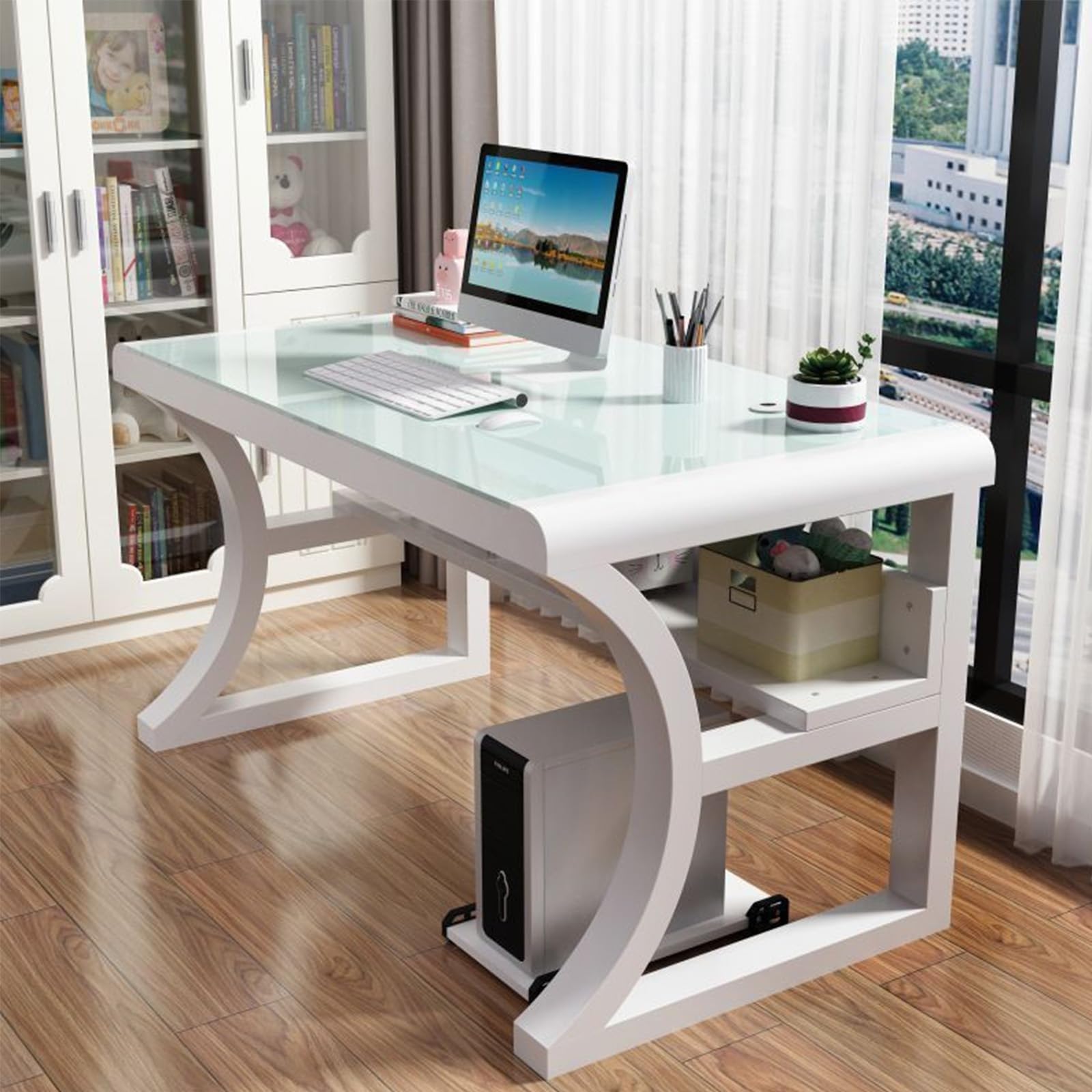 Genérico Escritorio Moderno de Cristal Templado con estantes de Almacenamiento, Mesa Grande para Juegos y Trabajo, Estructura metálica Duradera para Oficina en casa y Estudio.