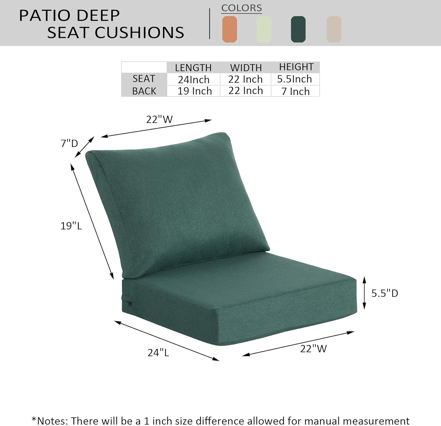 Outdoor Deep Seat Cushions (22"x24") 2 Sets, Water-Resistant Fade Resistant Cushions with Removable Covers & High Resilience Foam with YKK Zippers for Patio Furniture,Deep Teal