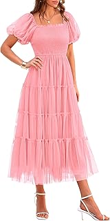Women's Smocked Midi Tulle Dress 2026 Summer Puffy Short Sleeve Square Neck Ruffle Wedding Guest Party Dresses