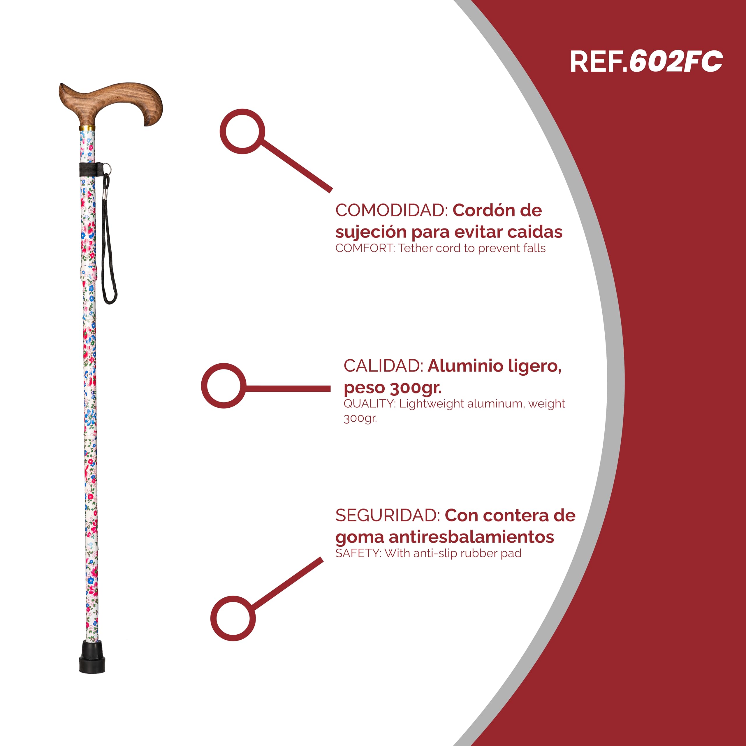 Bastone da Appoggio in Alluminio Pieghevole, Finitura a Fiori e Impugnatura in Legno Calda. Regolabile in Altezza 84-92cm. Bastone per Borsa o Valigia Solo 30cm Piegato (602FC)