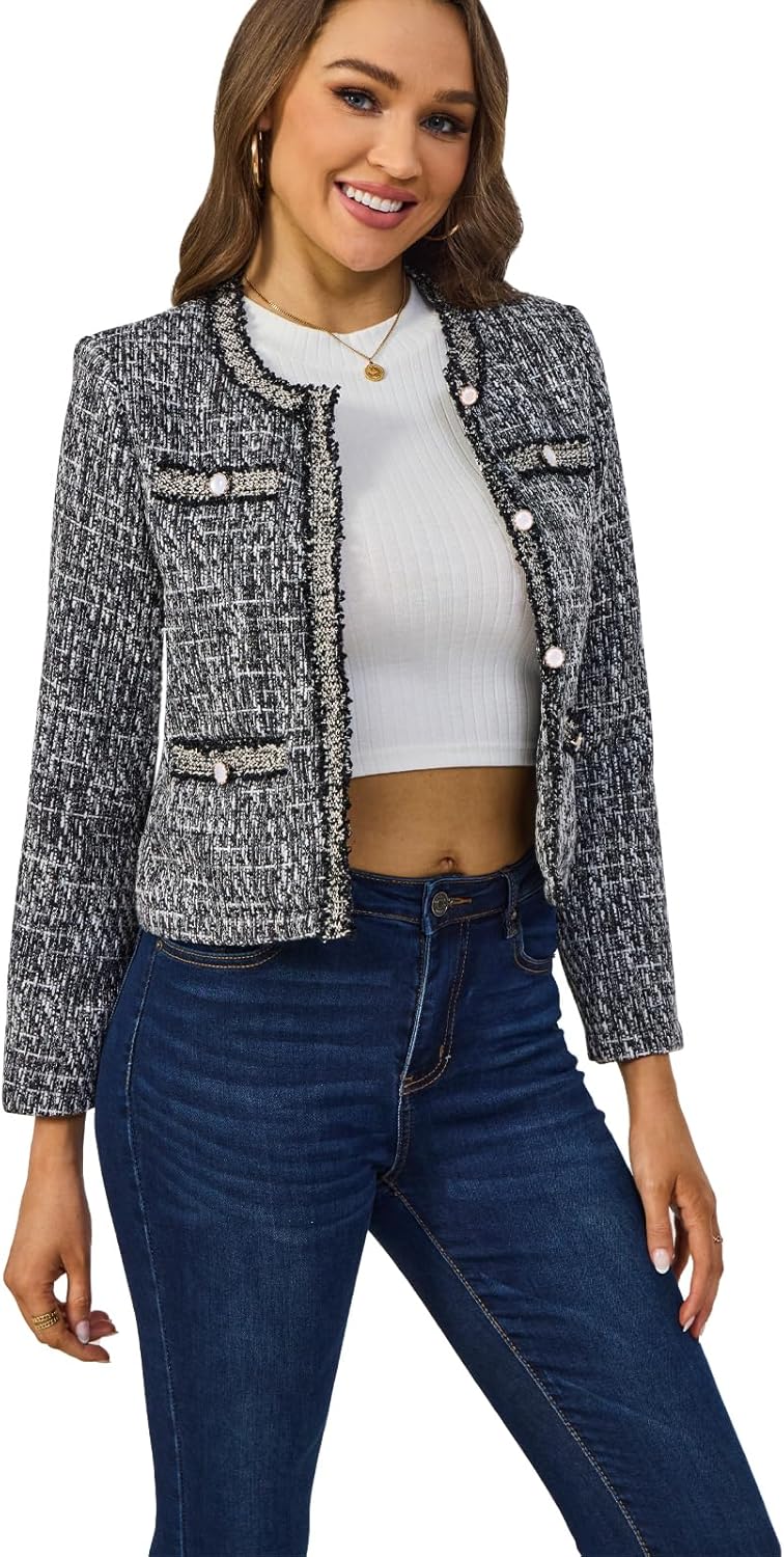 Xaspee Women's Tweed Blazers Cropped Long Sleeve Crewneck Open Front Lace Trim Lightweight Plaid Work Blazer Jackets - Image 2
