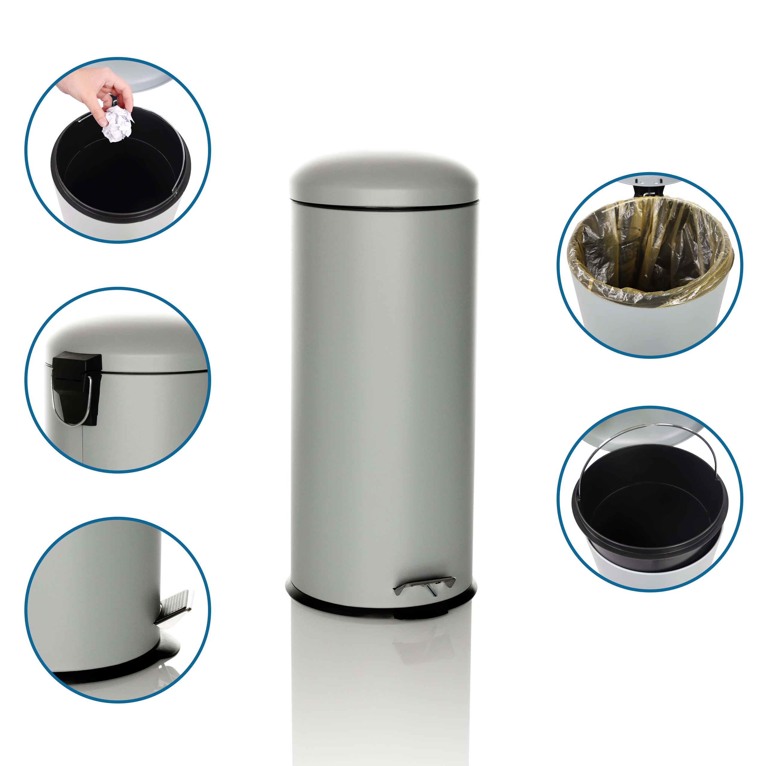 hjh OFFICE Mülleimer 30 Liter CLEAN VIII Metall Abfalleimer luftdicht schließend, hygienischer Treteimer 30L Grau, 741101