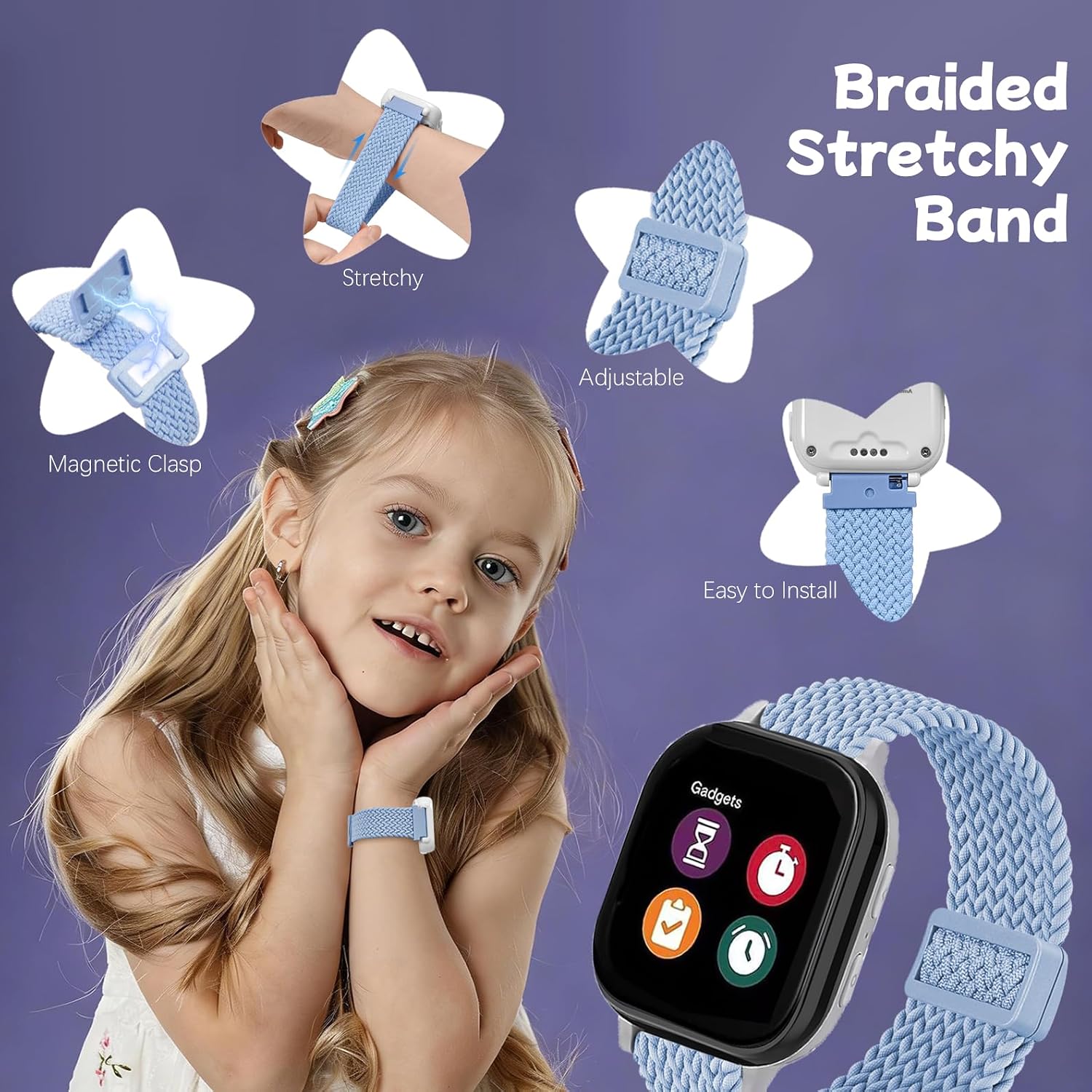 20mm Magnetic Braided Compatible with Gizmo Watch Band Adventrue 3 3 2 1/Gabb 3e 3 2 1/SyncUP Kids Watch 2 1/Cosmo JrTrack 5, 3 Pack Stretchy Nylon Strap for Small Wrist Girls Boys