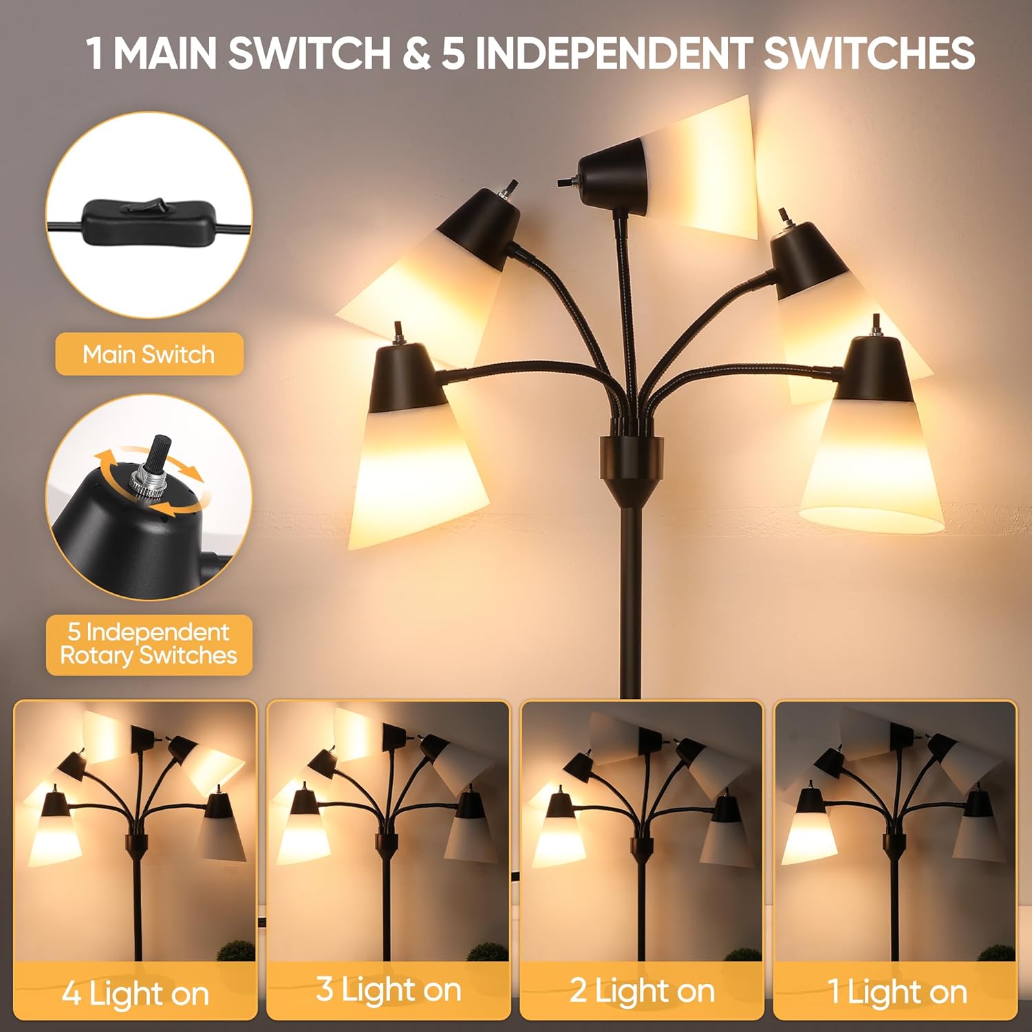 Hamucd Tree Table lamp, Multi Head Medusa 5 Light Adjustable Gooseneck Corner Lamp, Rustic Kids Bedside Reading Lamp with Fun Light Multicolored Shades for Bedroom, Living Room, Office, STR-DL-0027