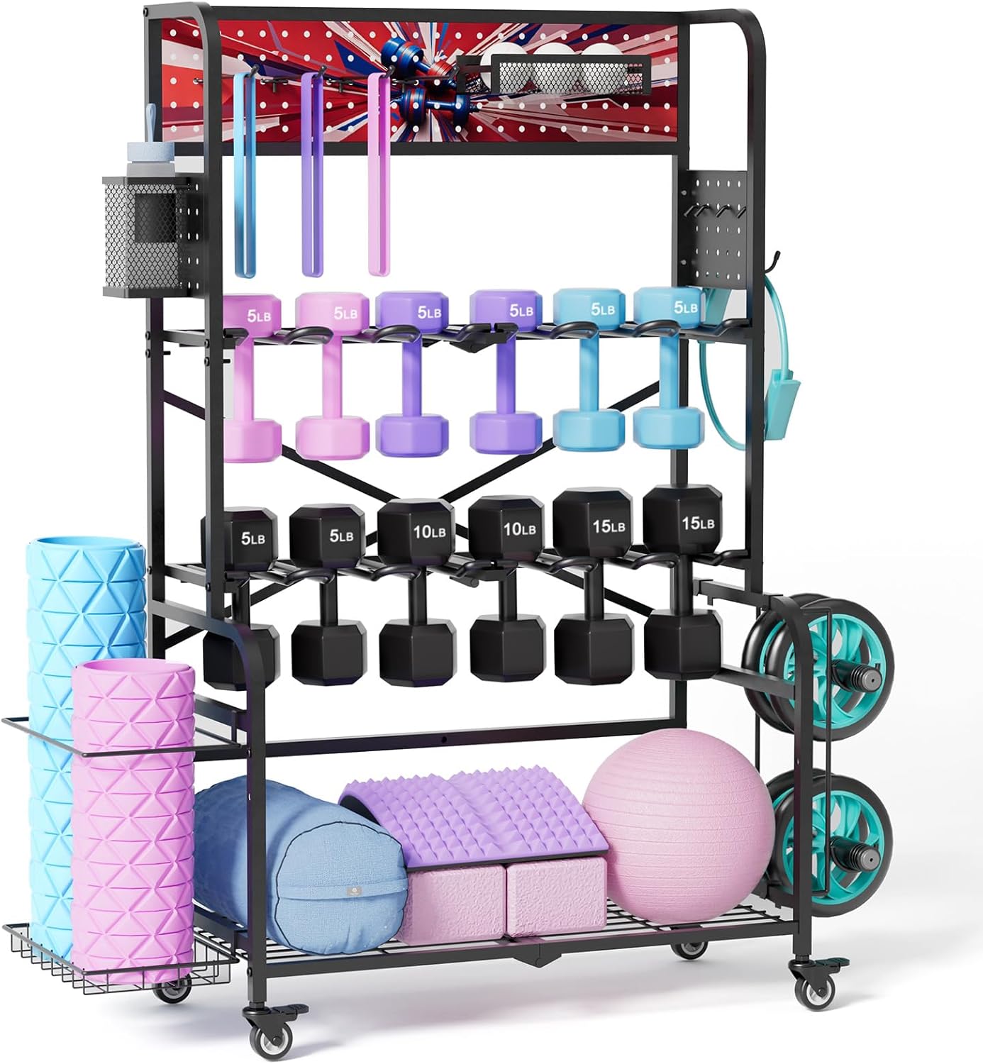 Home Gym Storage Rack with Wheels, Dual-Row & Heavy-Duty Dumbbell Rack and Yoga Mat Storage, Space-Saving Vertical Gym Equipment Storage Stand for Home Gym Accessories