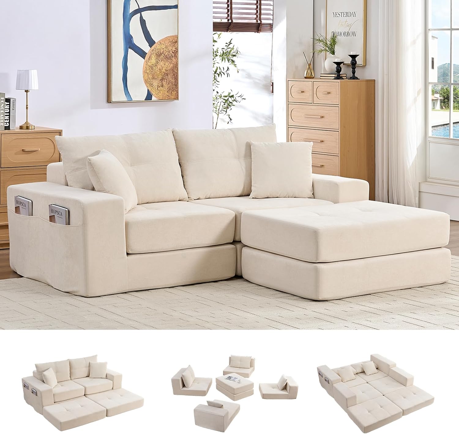 Mjkone Boneless Cloud Loveseat Sofa Couch, Modular Foldable Floor Sofa with Ottoman, Sleeper Mattress Couches, Chenille Folding Couch Bed for Living Room, No Assembly, Beige