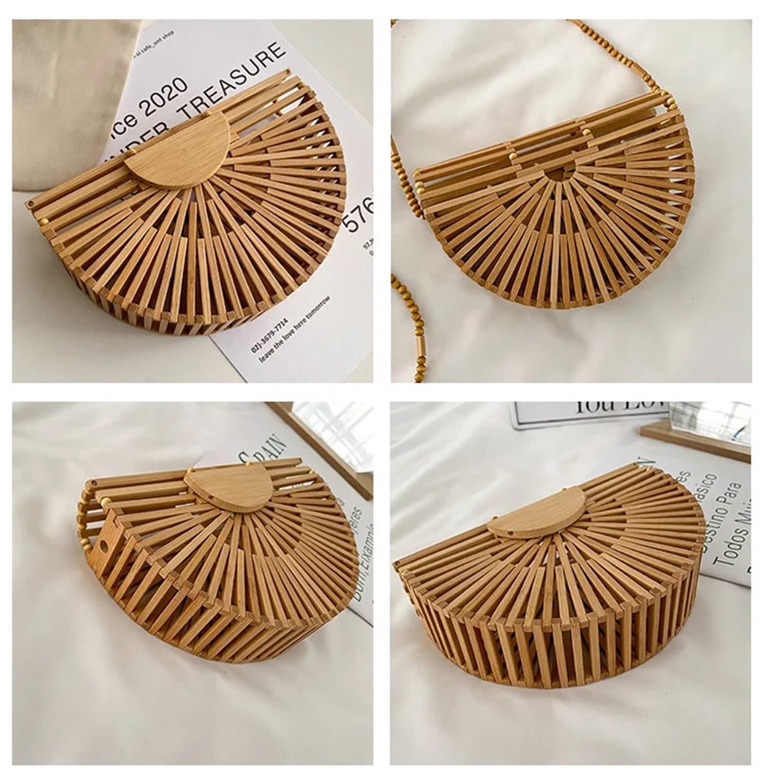 Bolsos de Paja Bolso bandolera de madera media luna for mujer, bolso paja tejido bambú for playa verano, pequeño ratán for teléfono, mini