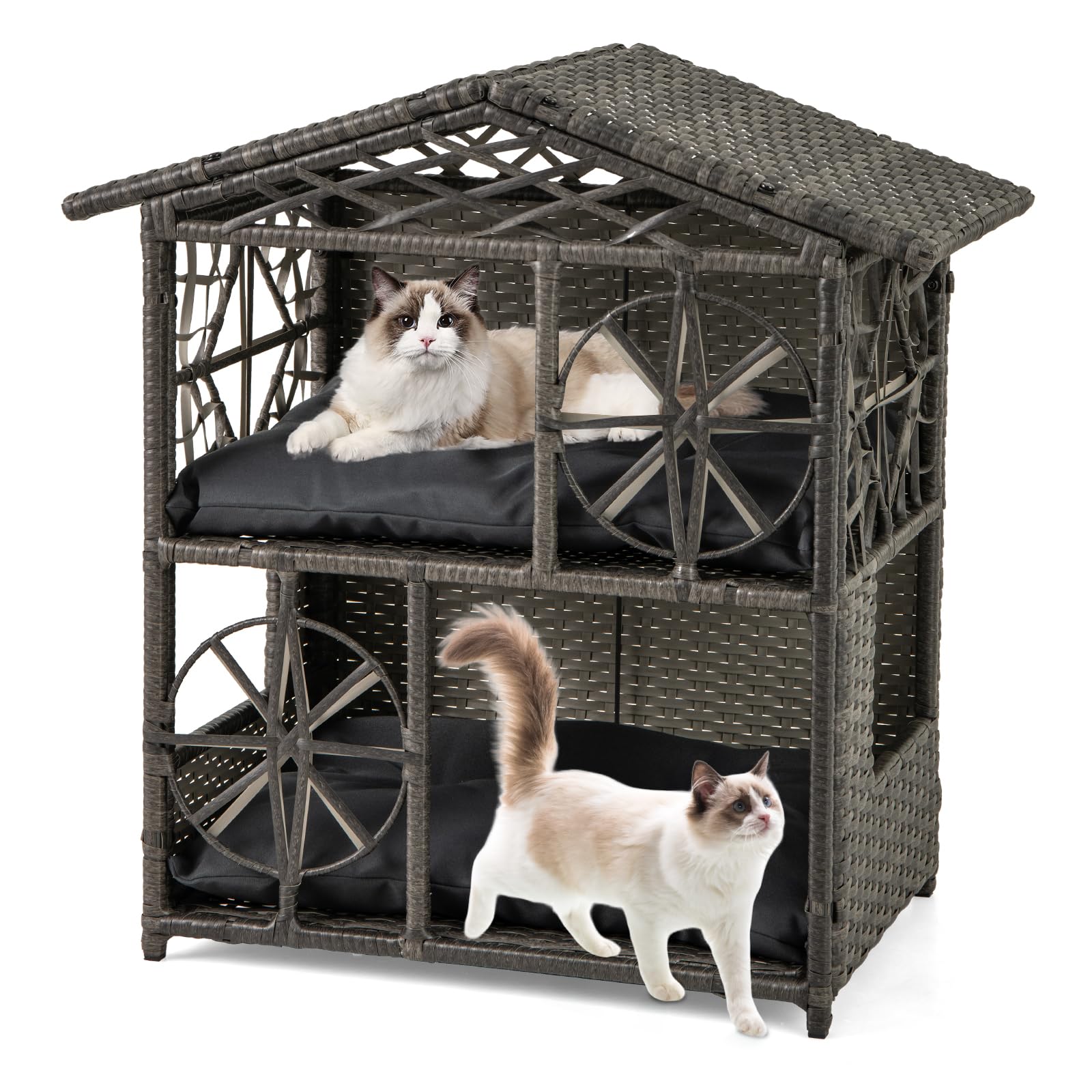 COSTWAY Wicker Cat House, 2-Tier Cats Condo Enclosure with Removable Cushions, Roof, Windows & Doors, Elevated Kitten Shelter for Indoor Outdoor