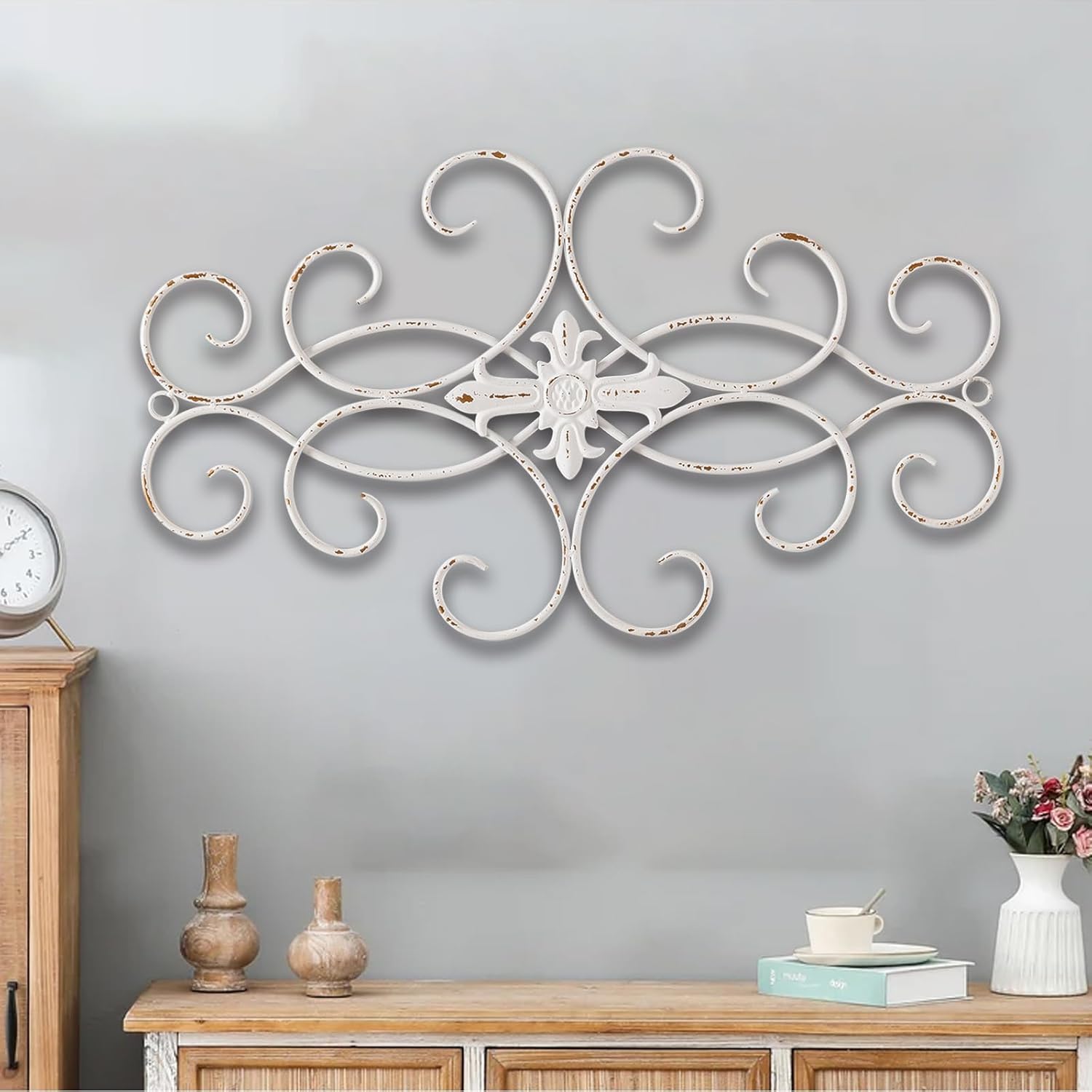 Amazon.com: Sintosin Vintage Large Distressed White Wrought Iron Wall ...