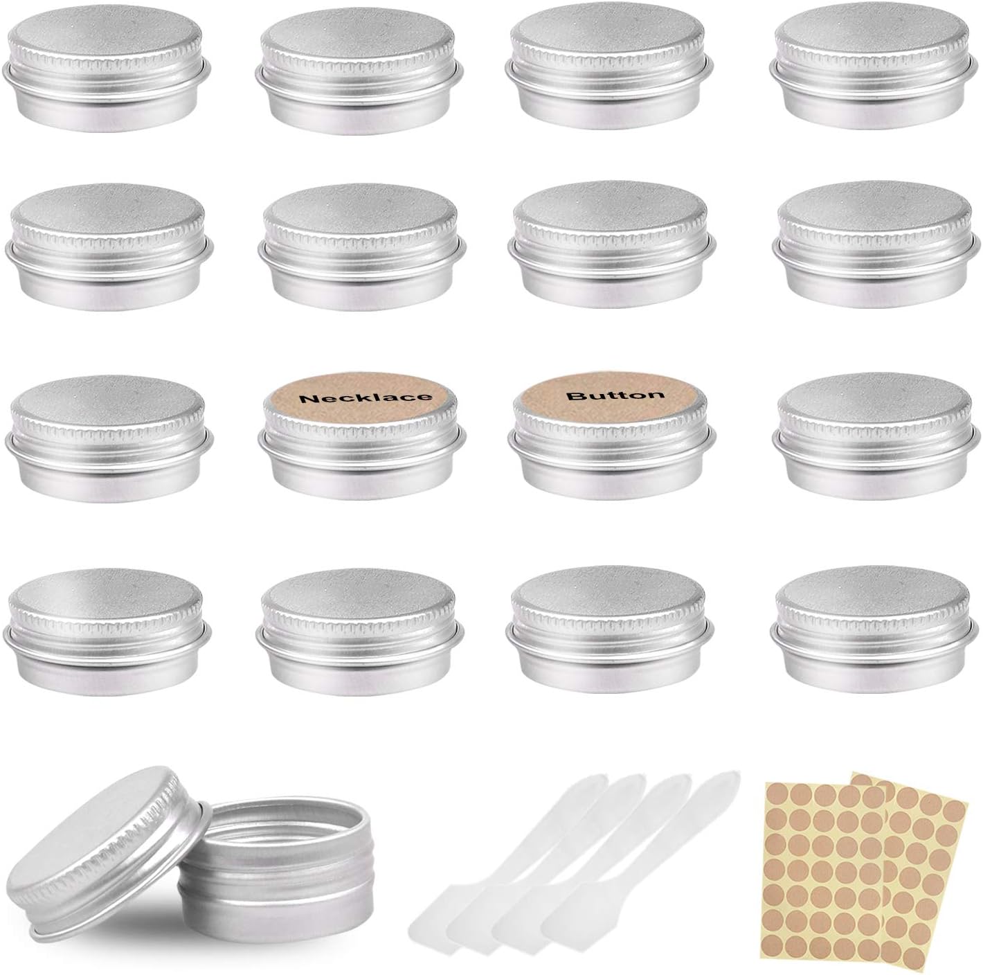 24 pcs Aluminium Empty Containers, Round Travel Cream Jars, Empty Tins with 2 Pieces Round Stickers for Lip Balm, Lotion, Cream, Masks, Mini Candles, Cosmetics (Silver,5ml)