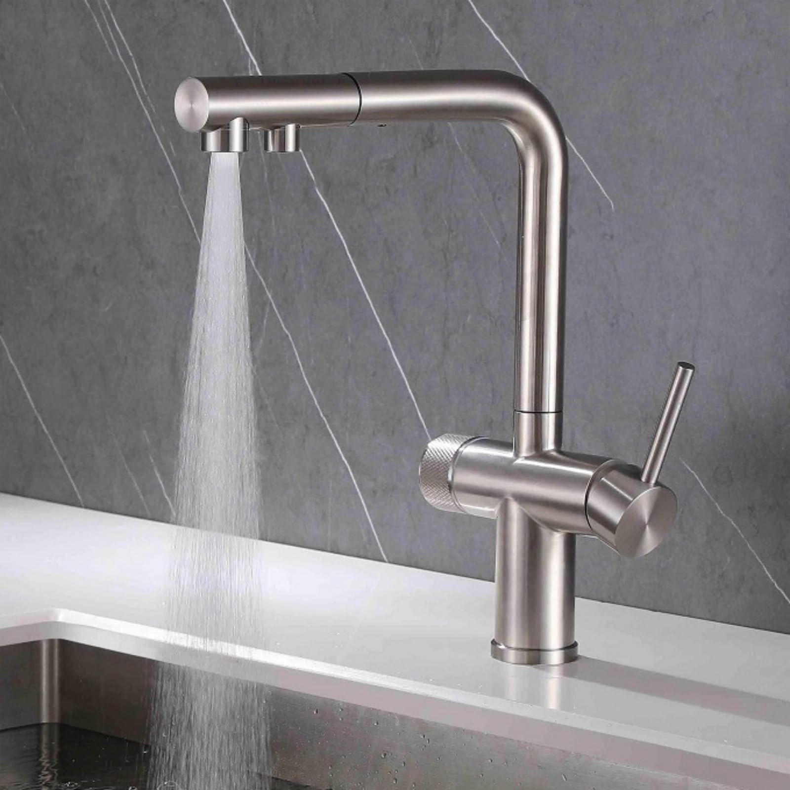 Grifo Osmosis Extraible Grifo Cocina Acero Inoxidable con 2 Salidas Grifo de Cocina Fregadero con Osmosis Mezclador Agua Fría y Caliente
