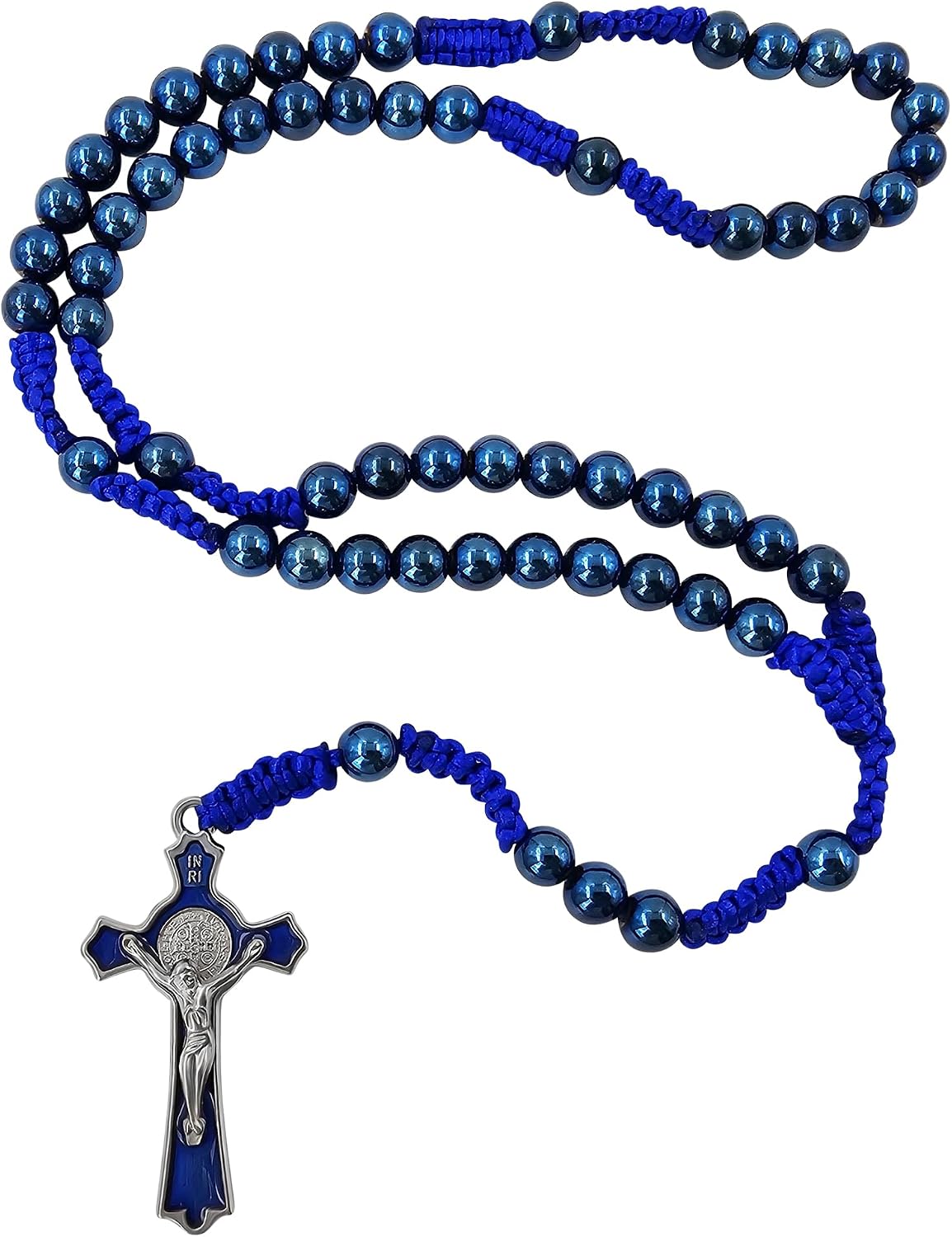TALISMAN4U 8mm Blue Hematite Beads Catholic Rosary Necklace for Men St Benedict Medal Crucifix Handmade Braided Rosaries with Rosary Pouch & Prayer Card Religious Gift
