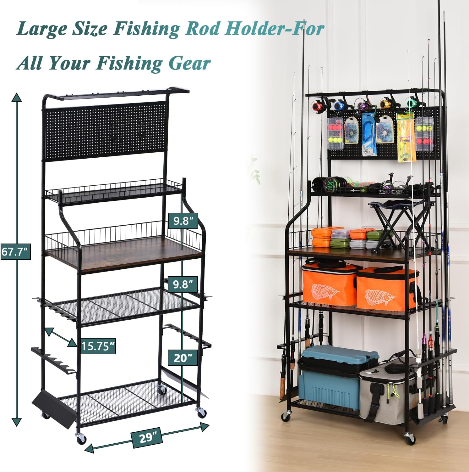 Metal Black Fishing Rod Rack Large Storage Capacity, Vertical Fishing Pole Holders for Garage Use for Fishing Gear Storage