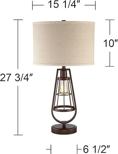Miniatura 9 de Franklin Iron Works Topher - Lámpara de mesa industrial de 27 34 pulgadas de alto con puerto de carga USB, luz nocturna LED, pantalla de tambor de