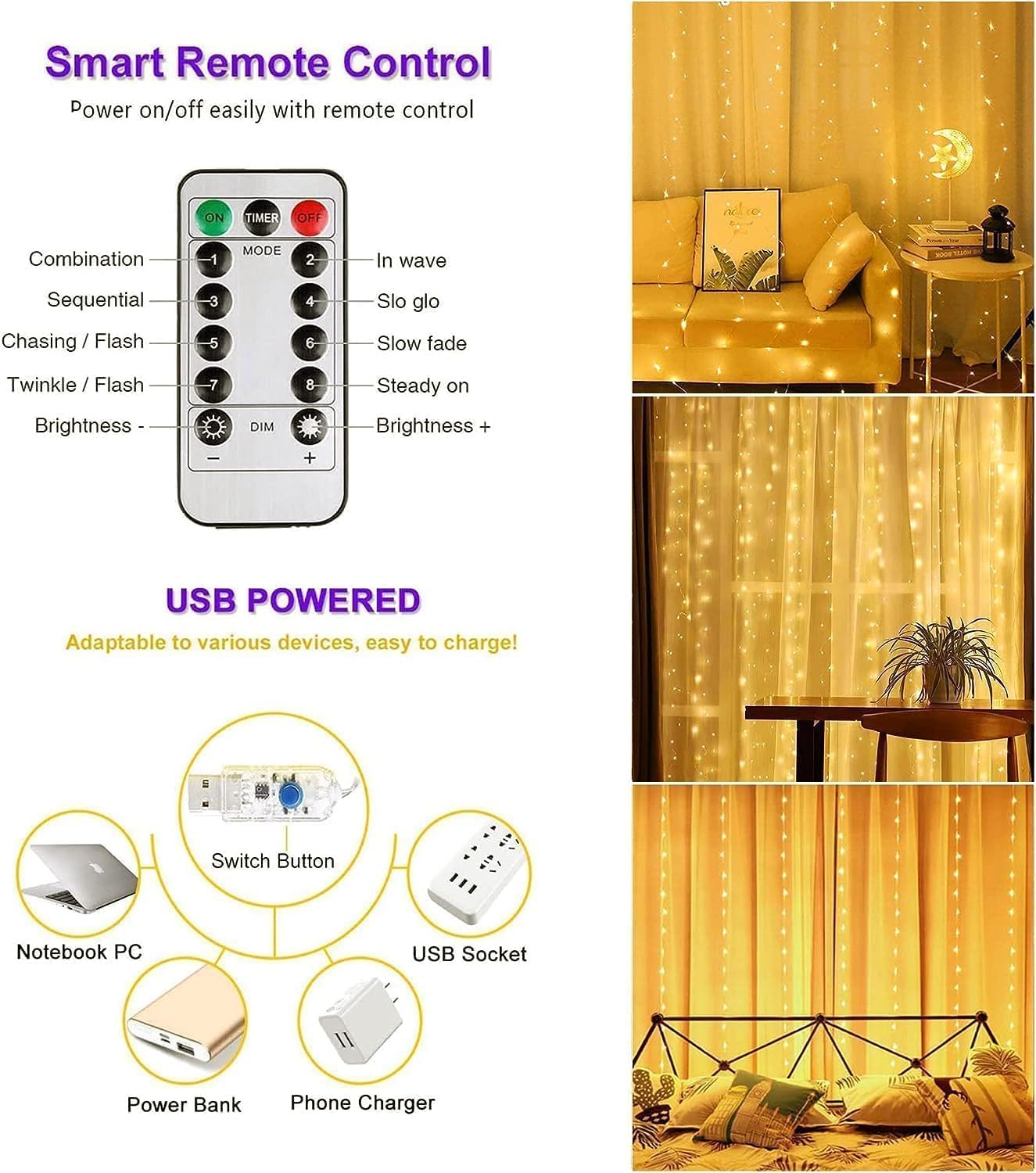 Fairy Curtain Lights - 300 LED Warm White -7