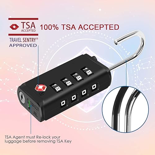 Miniatura 5 de Paquete de 4 cerraduras de equipaje de viaje aprobadas de 4 dígitos, cerradura de combinación de maleta de alerta abierta, candados con cremallera