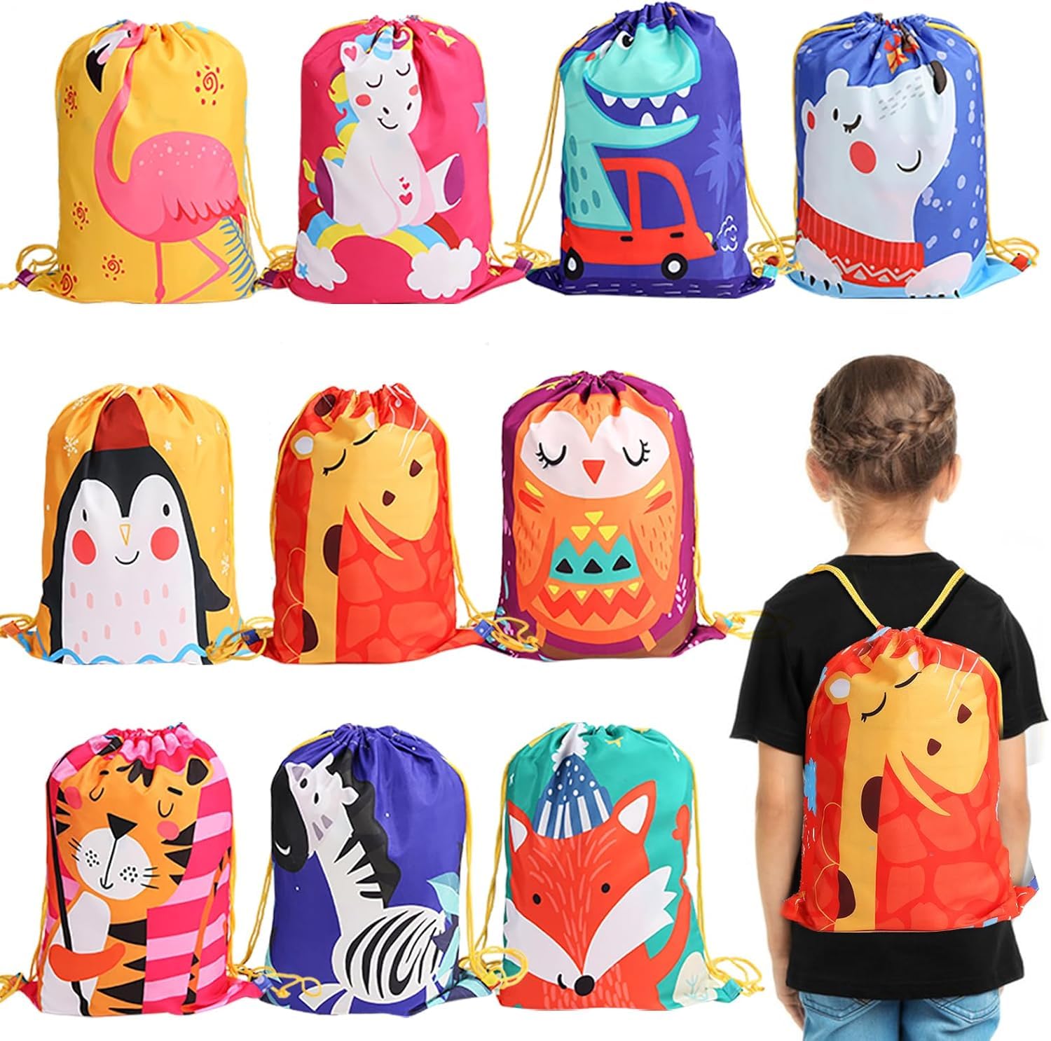 Varrotoy 10 Pack Cartoon Drawstring Bags for Kids, Reusable Polyester Drawstring Backpack, Animal Party Favors Bags, Treat Bags, Goodie Bags for Birthday Party, School, Travel, Toy Storage & Gifts
