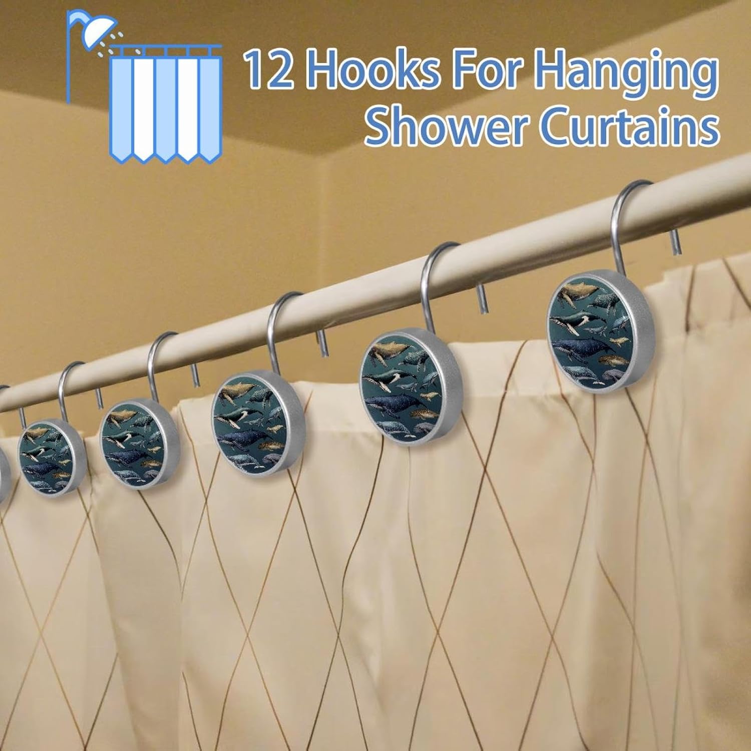 12PCS Marine Mammals with Whales (3) Shower Curtain Hooks Metal Rust Resistant Decorative Shower Curtain Hooks Bathroom Decorations
