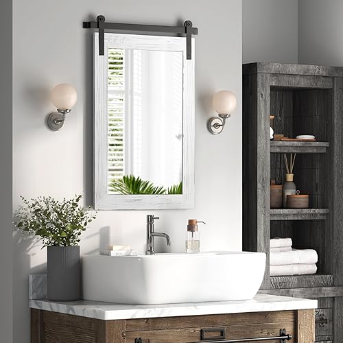 COGOOD Espejo de baño rústico de 39 x 28 pulgadas para sala de estar, entrada, decoración de pared de tocador (blanco)