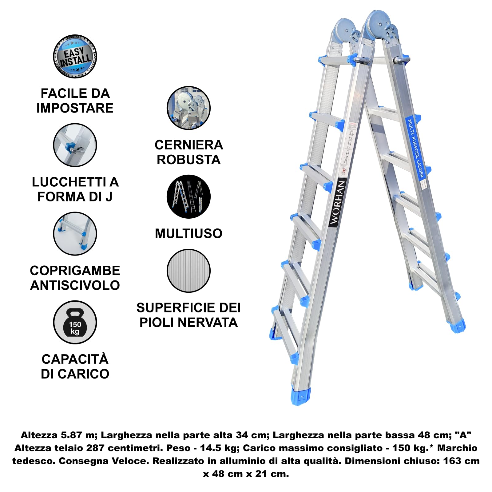 Scala Telescopica Estensibile Versatile 587cm Telescopica Alluminio Pieghevole Compatta Multiuso Robusta Scaletta 5.87m L6
