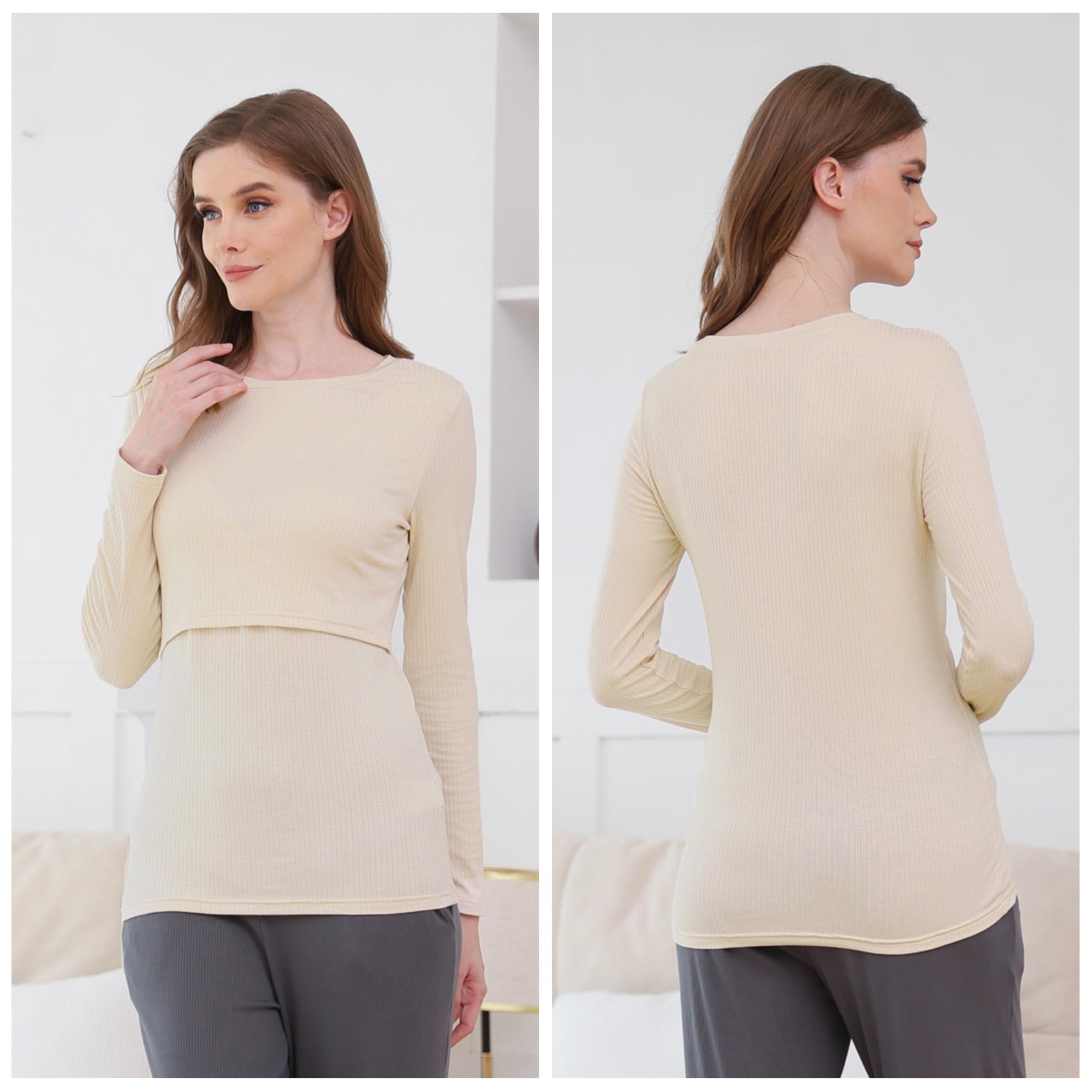 Lot de 3 t-shirts d'allaitement côtelés à manches longues pour femme - Double couche - Vêtements de maternité