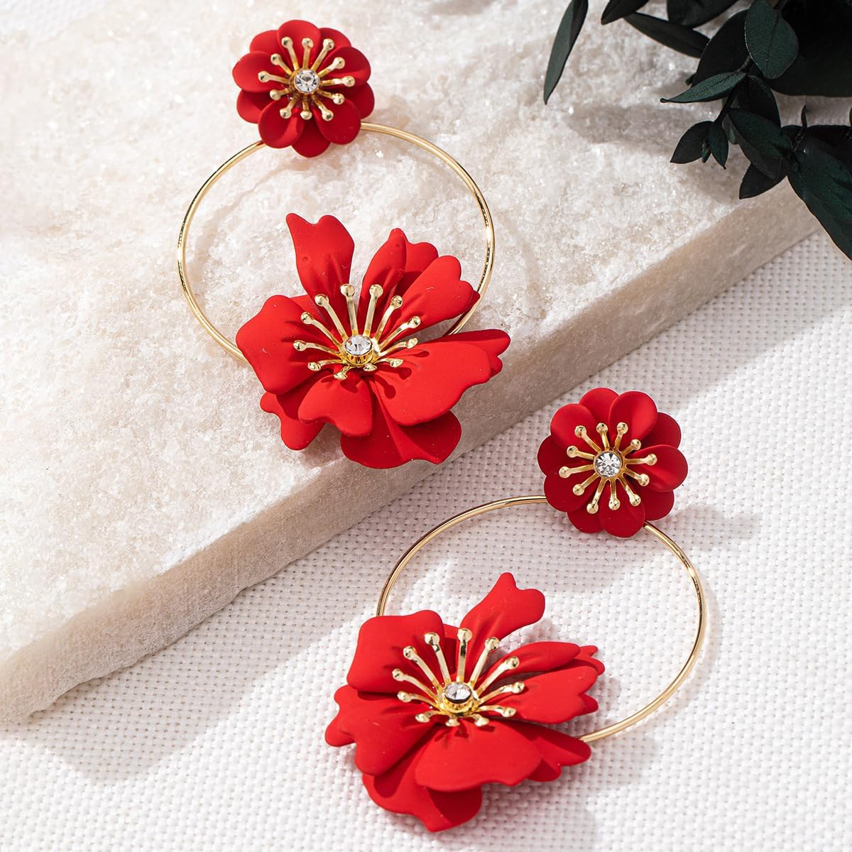Poppy Flower Hoop Earrings for Women Boho Floral Dangle Earrings Layered Matte Flower Earrings Diamond Studded Petal Earrings Wedding Jewelry - Image 3