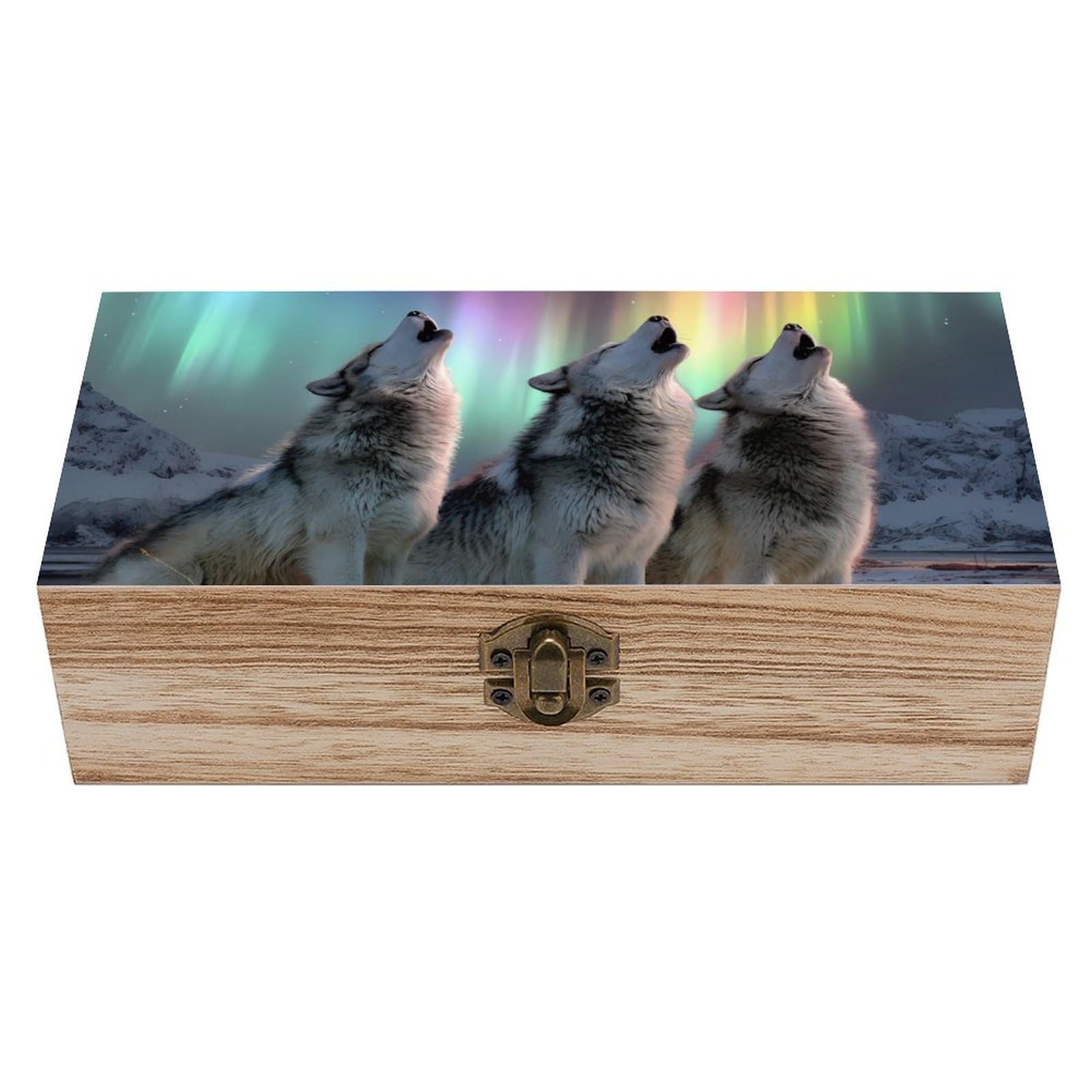 HLBSDM Howling Wolf Aurora Snowy Wooden Box with Hinged Lid Decorative Storage Case Container