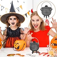 Vista 7 de DOITOOL Caldero de hierro fundido con tapa y asa, caldero de bruja de Halloween, olla de bruja negra para manchar, quemar incienso, decoración