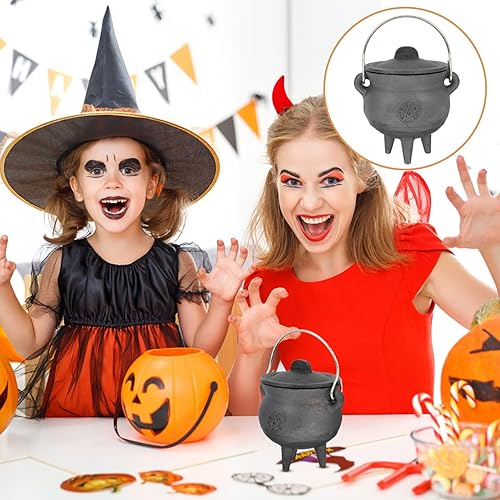 Miniatura 7 de DOITOOL Caldero de hierro fundido con tapa y asa, caldero de bruja de Halloween, olla de bruja negra para manchar, quemar incienso, decoración de