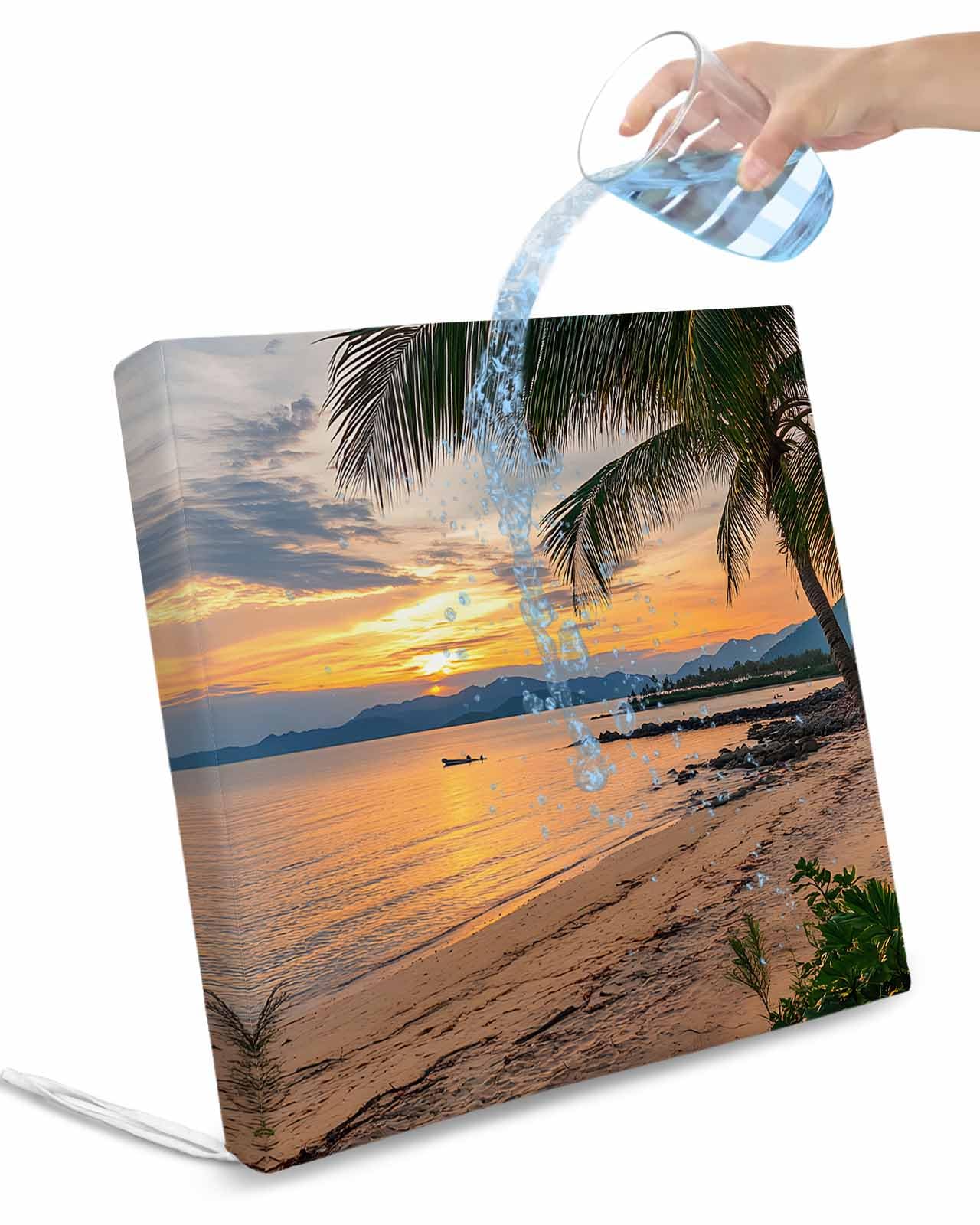2 Pack Ocean Sunset Waterproof Cushion Covers with Ties, Outdoor Patio Chaise Lounge Chair Seat Cushion Slip Covers Replacement(Only Cover) Summer Palm Tree Shore Sand Mountain 24
